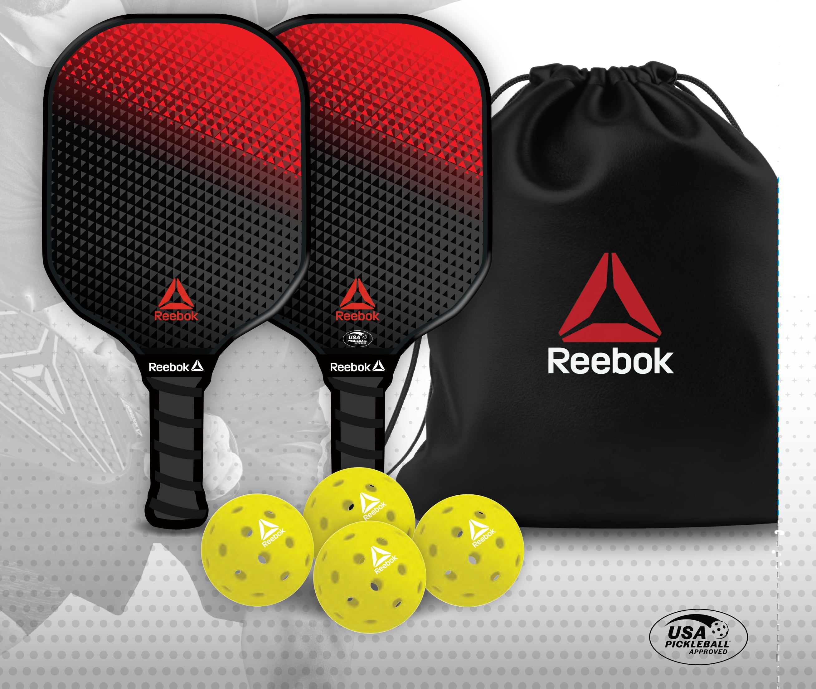 Reebok 7-Piece Pickleball Paddle Set with Fiberglass Surface and Cushioned Grip (2 Paddles, 4 Balls, 1 Bag) g3x2a
