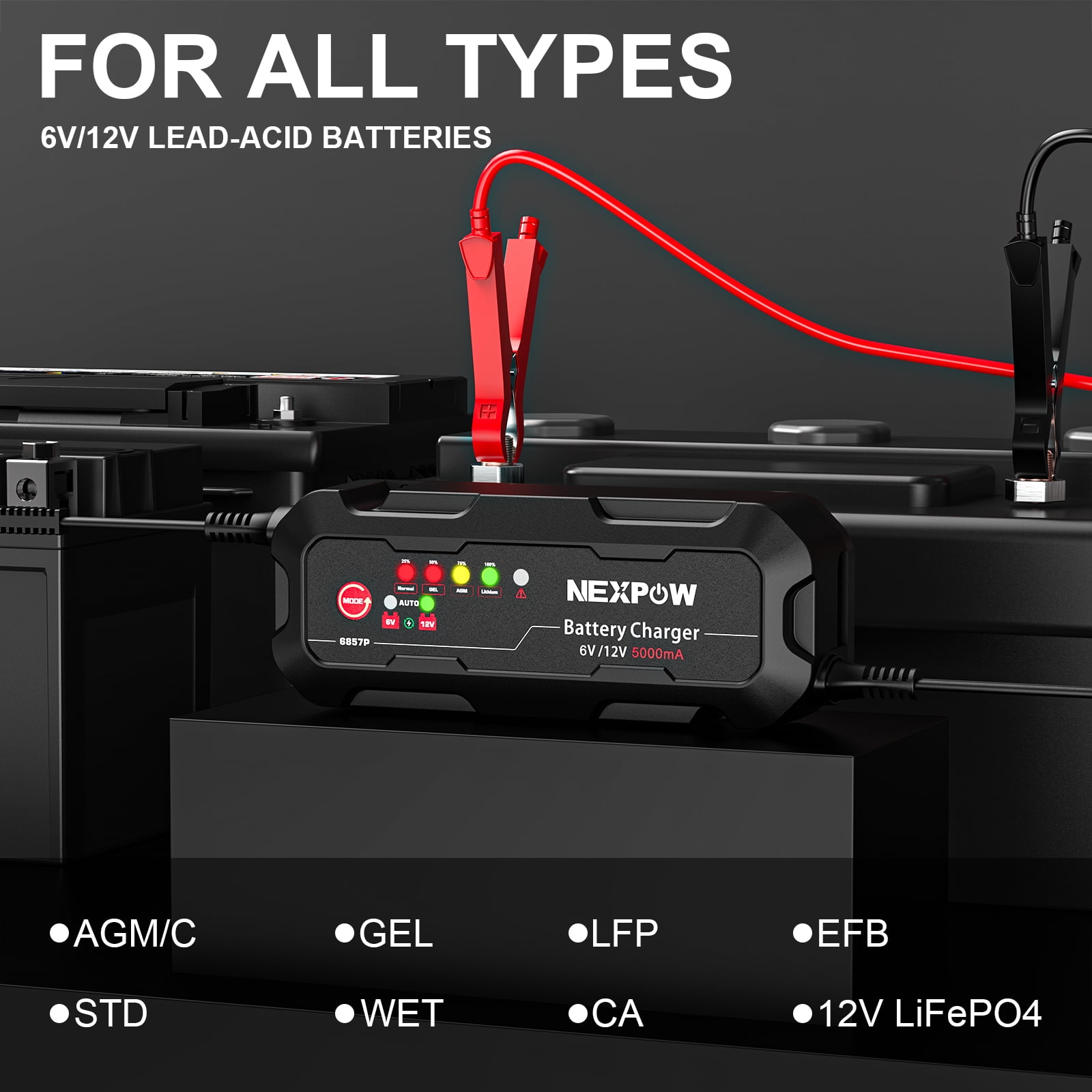 NEXPOW Smart Battery Charger and Maintainer, 5A 6V/12V Trickle Charger with Force Charge Mode (Black, 1 Pack) ypufv