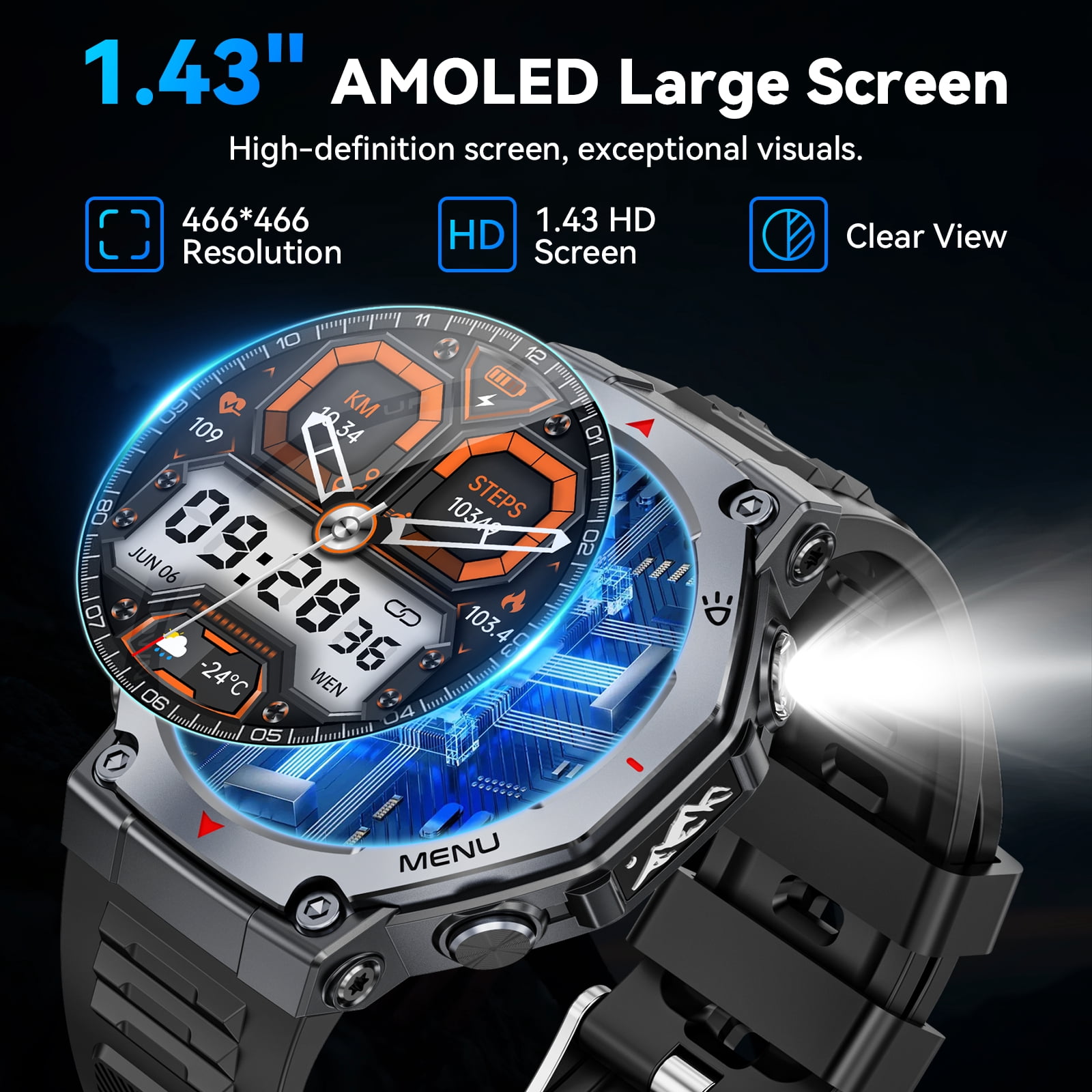 Haulvean Military Smart Watch for Men, AMOLED Fitness Tracker with Bluetooth Calling and 100+ Sports Modes (Black, 1.43 in) ua7lr
