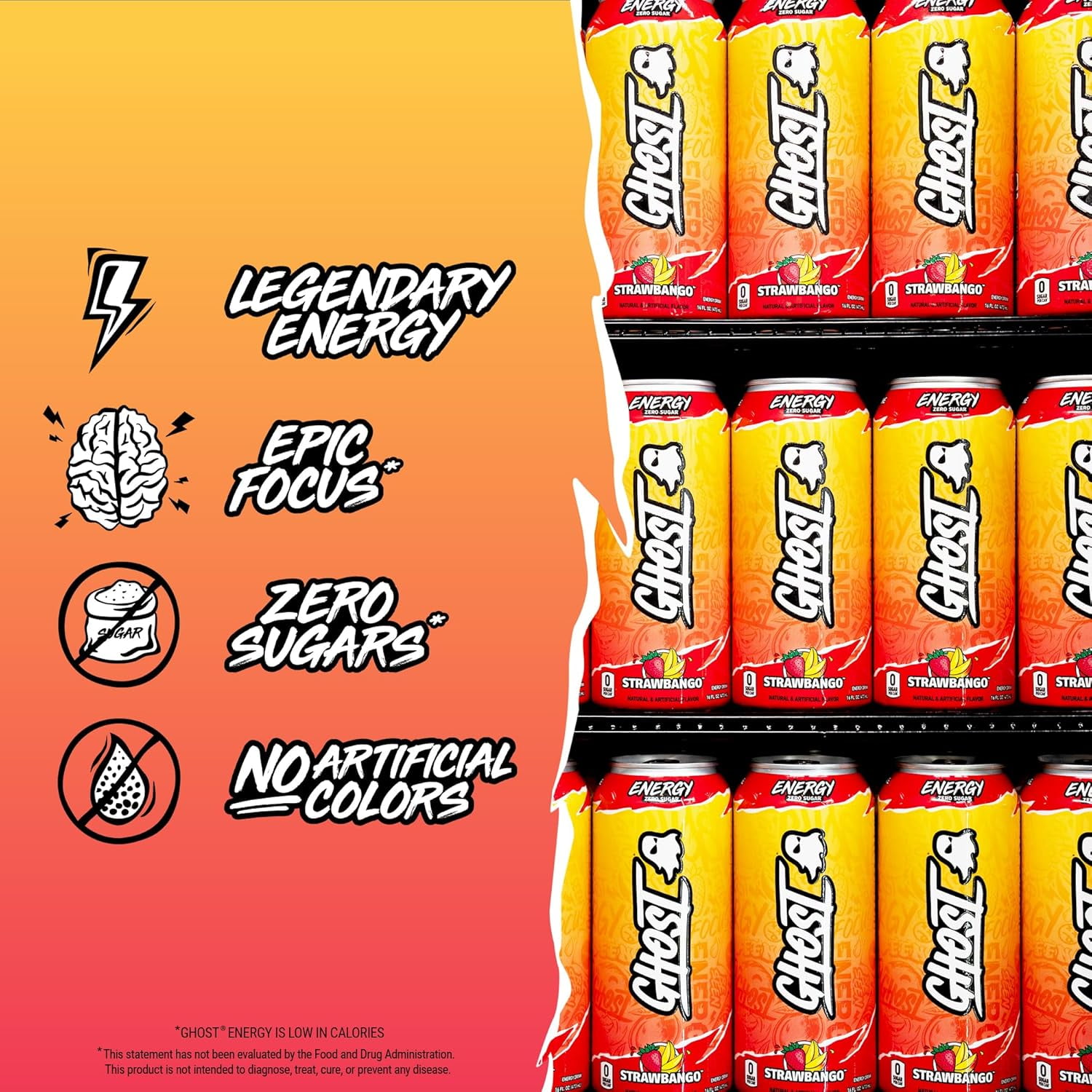 GHOST Energy Drink, Zero Sugar Performance Beverage, Strawbango Flavor (16 fl oz) 173zn