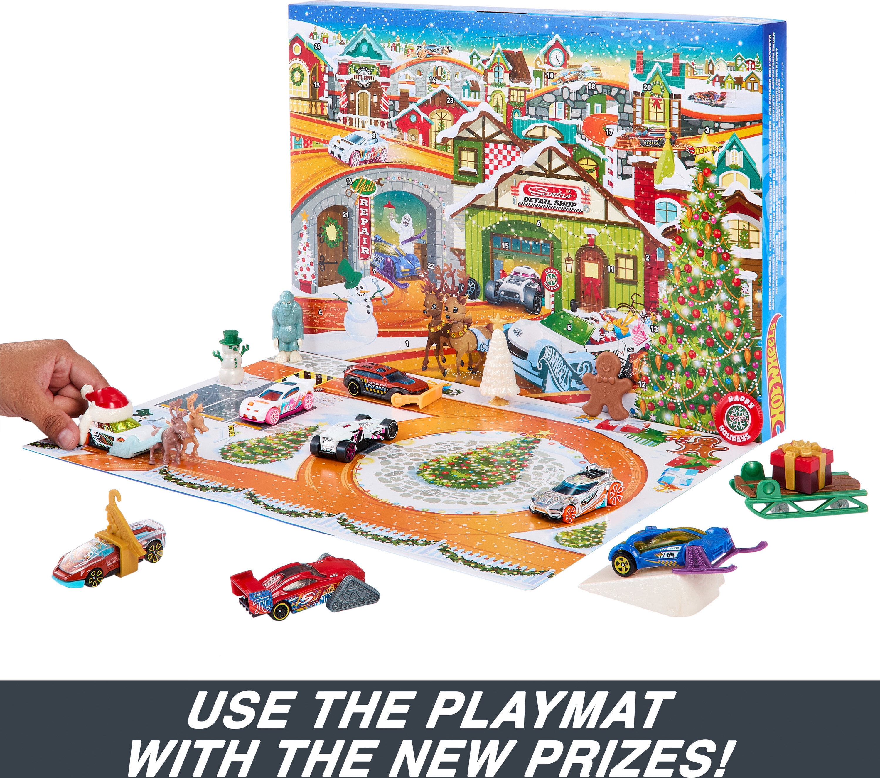 Hot Wheels Advent Calendar 2023 Holiday Gift Set with 8 Toy Cars and 16 Winter Accessories (24-Piece Set) 1prl8