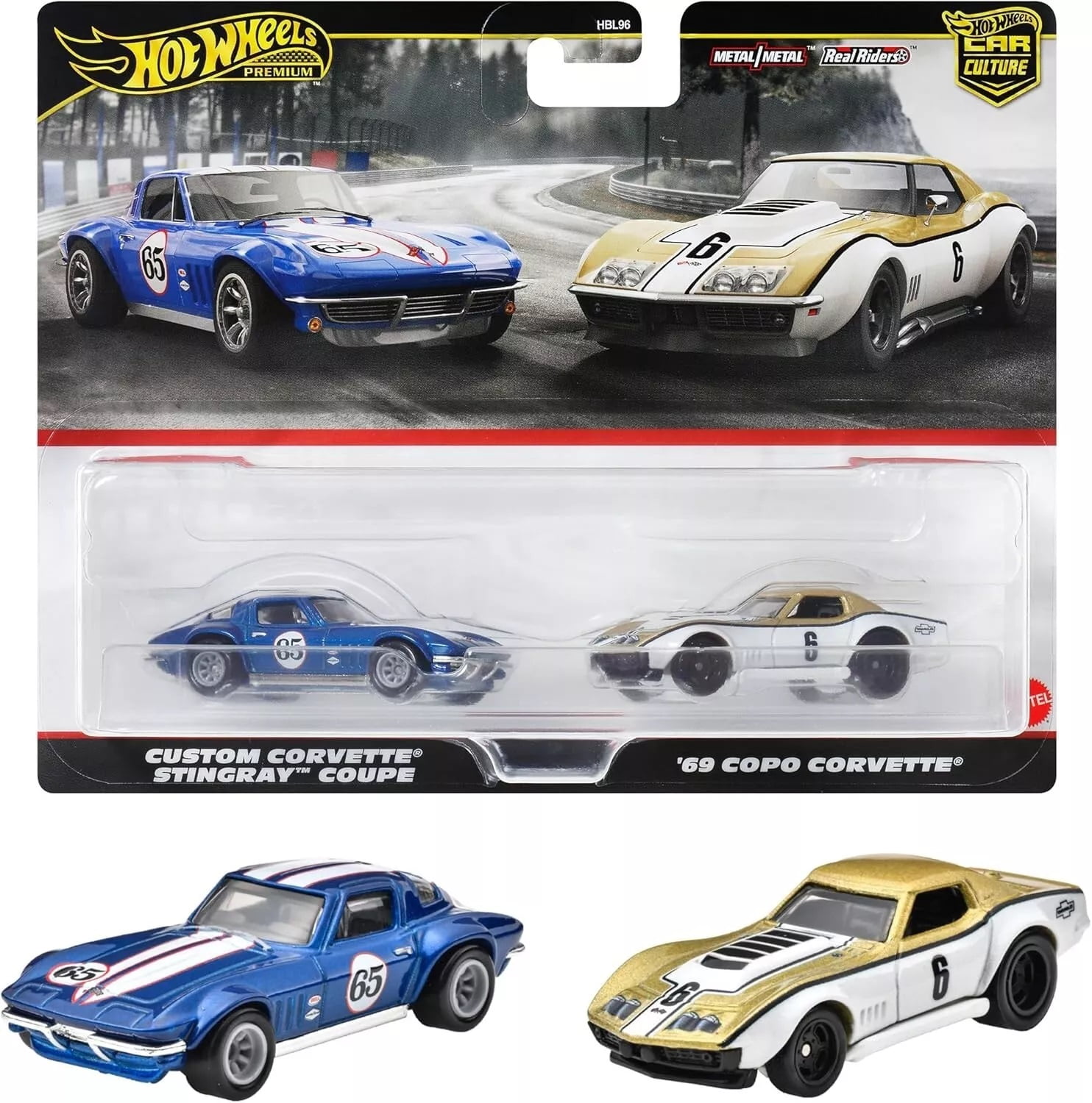 Hot Wheels Premium Car Culture 2-Pack Custom Corvette Stingray Coupe and '69 Copo Corvette (1:64 Scale) 3sfjz