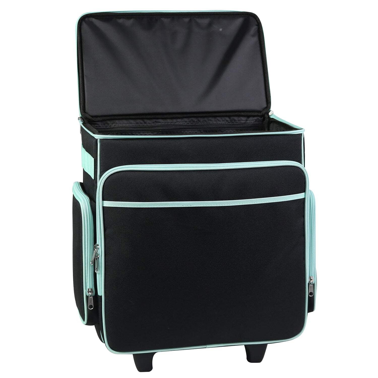 Everything Mary Rolling Scrapbook Case, Portable Craft Organizer with Telescoping Handle and Wheels (Black/Teal, 18 in x 14 in x 10 in) 9d2lf