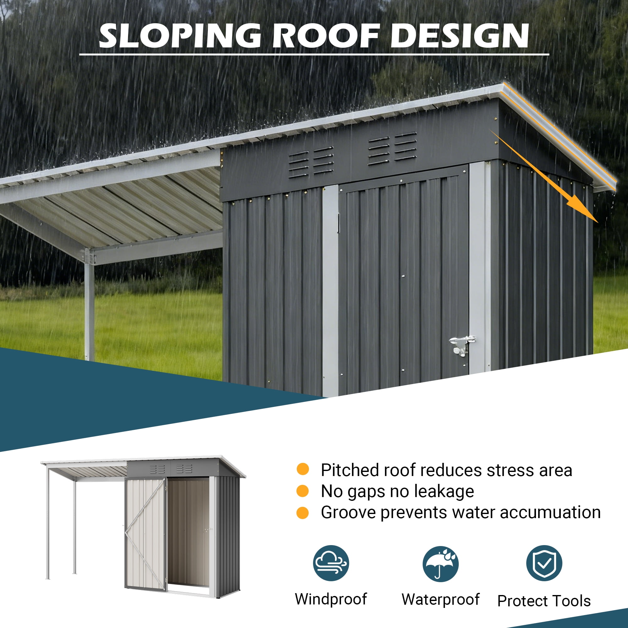 LZBEITEM Outdoor Storage Shed with Attached Hardtop Pergola, Weather-Resistant Metal Tool Shed (Grey, 5 ft x 3 ft) 9edkc