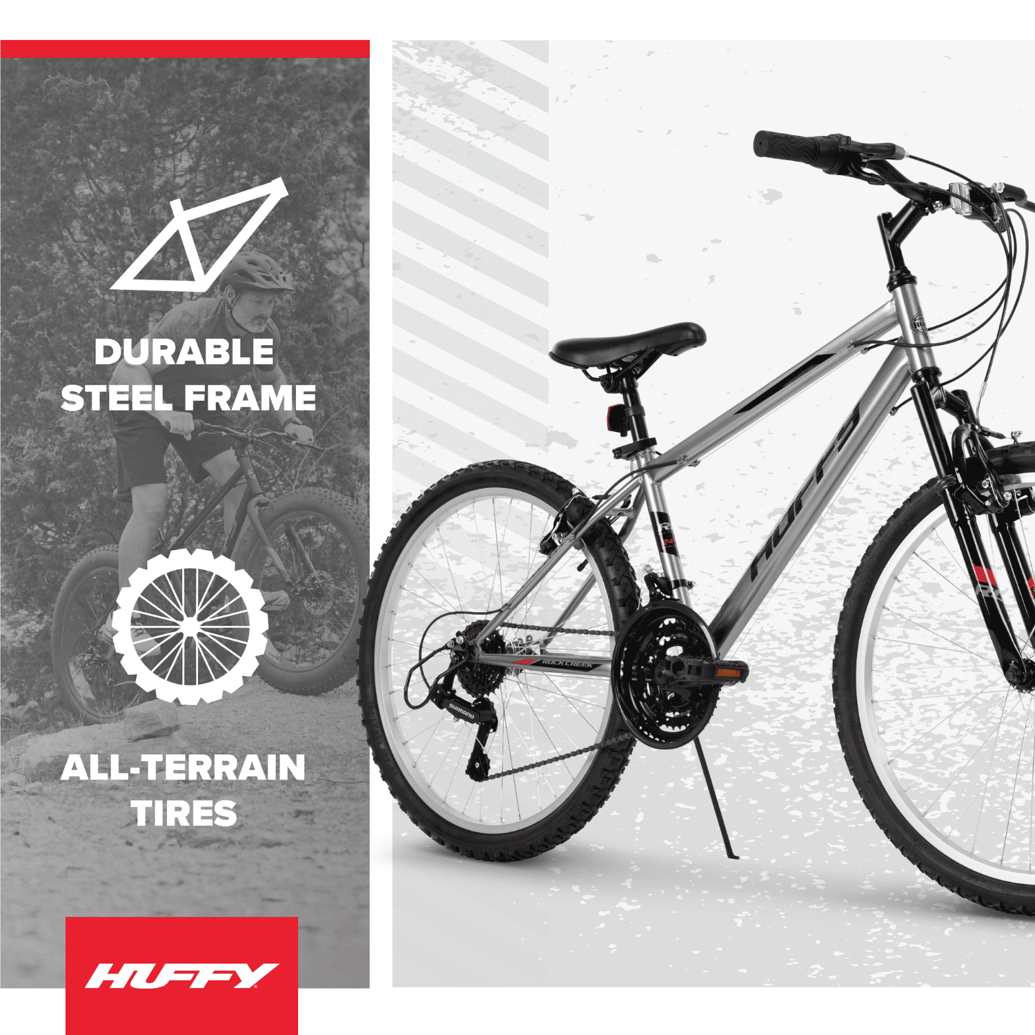 Huffy Rock Creek Mountain Bike, 18-Speed Trail Bicycle, Front Suspension, (Gray, 24 in) yie4l