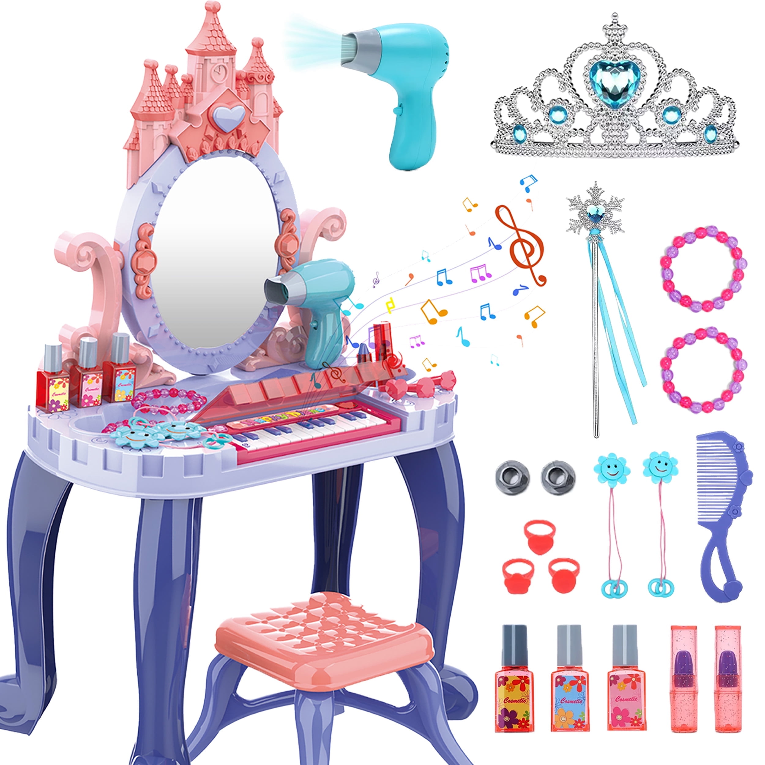 LINXUXIE Toddlers Vanity Dresser Play Set with Musical Piano and Pretend Makeup Accessories (Blue, 21-Piece) b383u