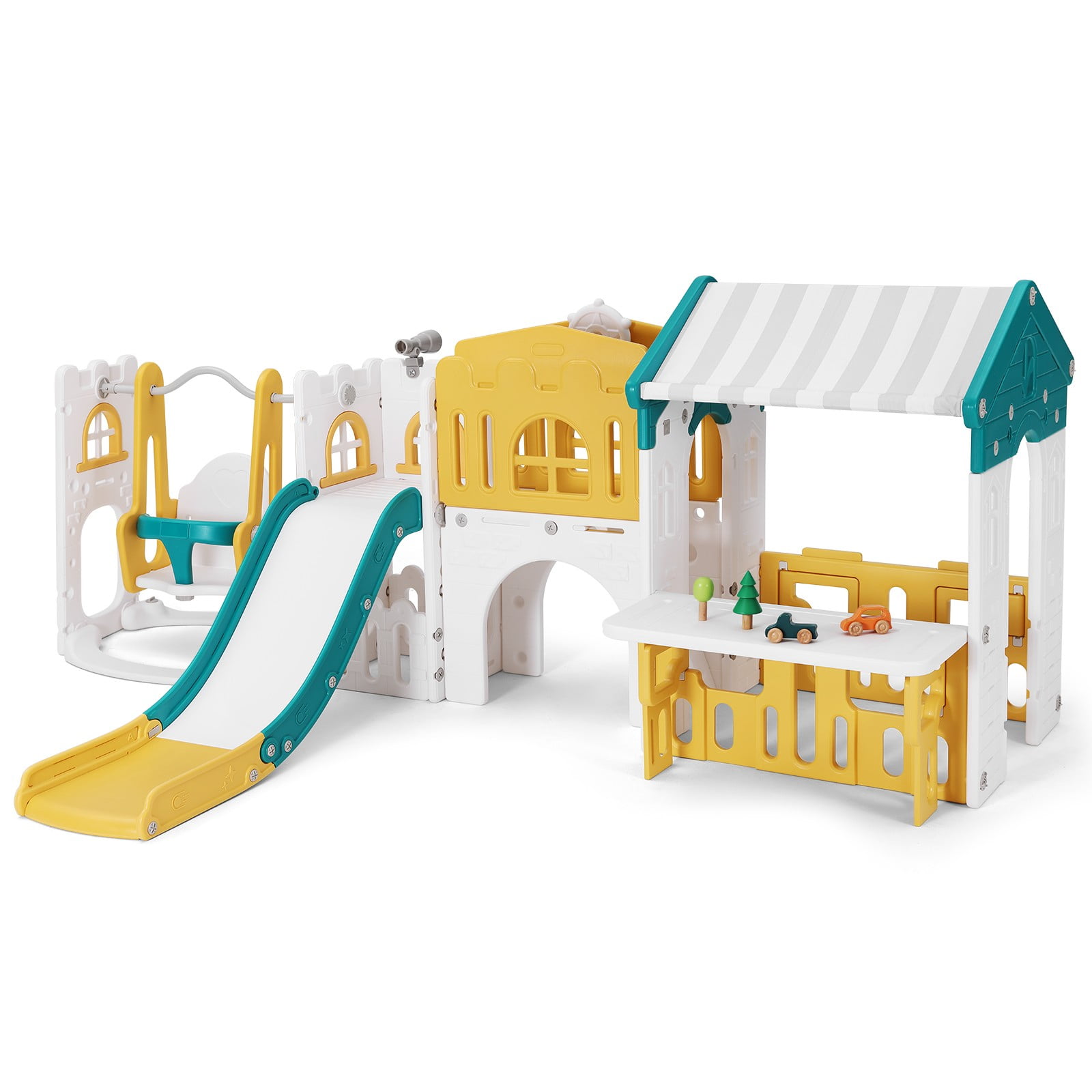 Joyldias 10-in-1 Toddler Slide and Swing Playset with Playhouse and Basketball Hoop (Green, Yellow, White) aeisf
