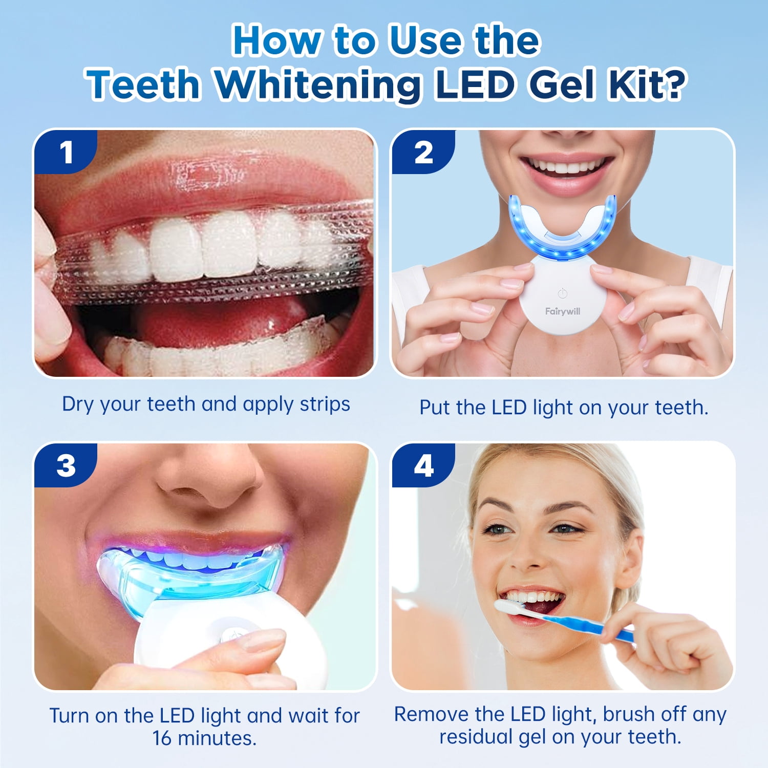 Fairywill LED Teeth Whitening Strips Kit with Blue Light Accelerator (White, 28 Strips) 95cho