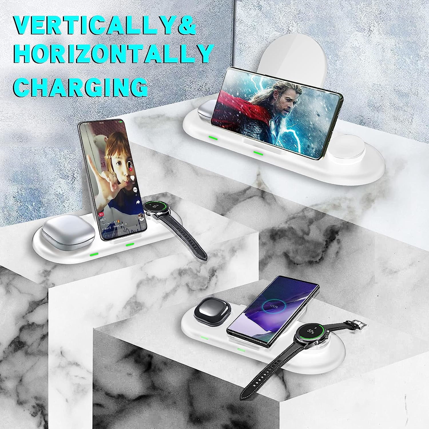 leQuiven 3-in-1 Wireless Charging Station for Samsung Galaxy S25/S24/S23/S22, Galaxy Watch Ultra/7/6/5/4, and Galaxy Buds (White, 1 Pack) bg3xb
