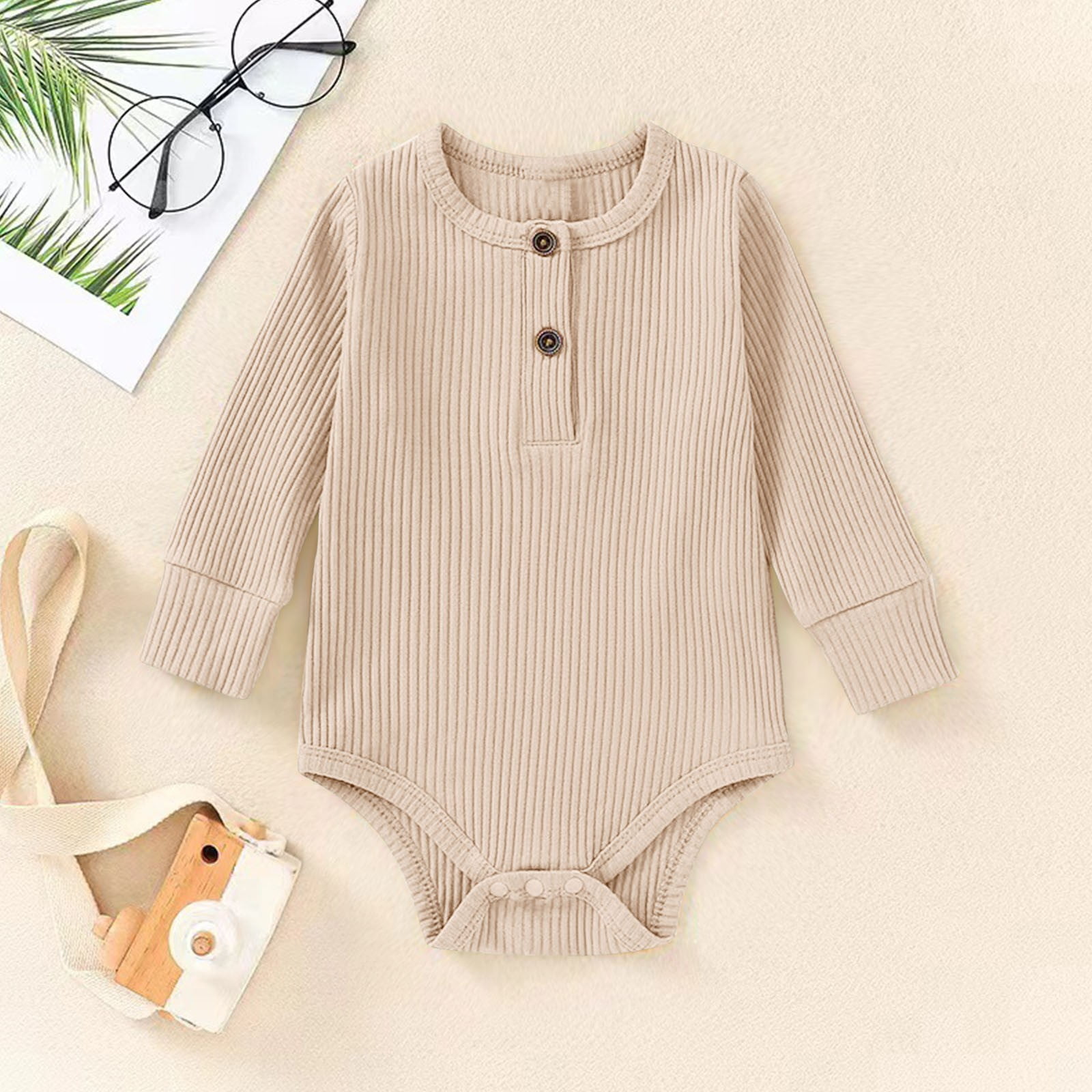 THDHVS Newborn Ribbed Romper Bodysuit Soft Unisex Infant Sleepwear (Beige, 6-12 Months) 397xj