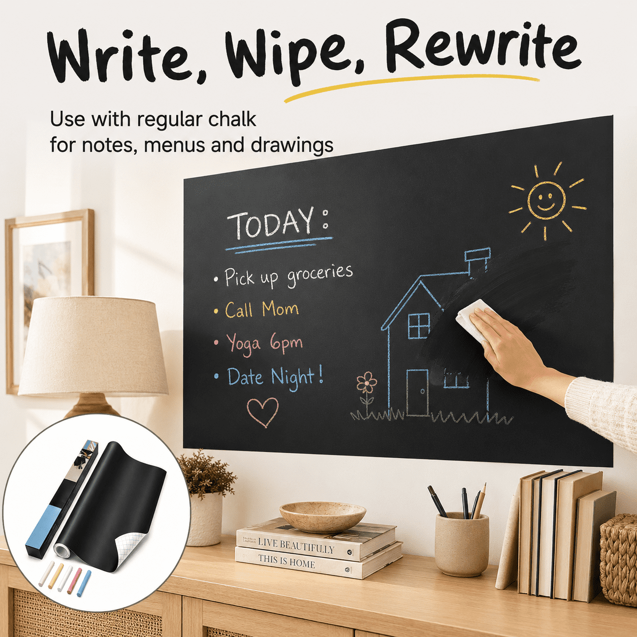 XRSIUX Chalkboard Wall Sticker Roll, Peel and Stick Blackboard Contact Paper for DIY Projects (Black, 18 in x 79 in) ezj2x