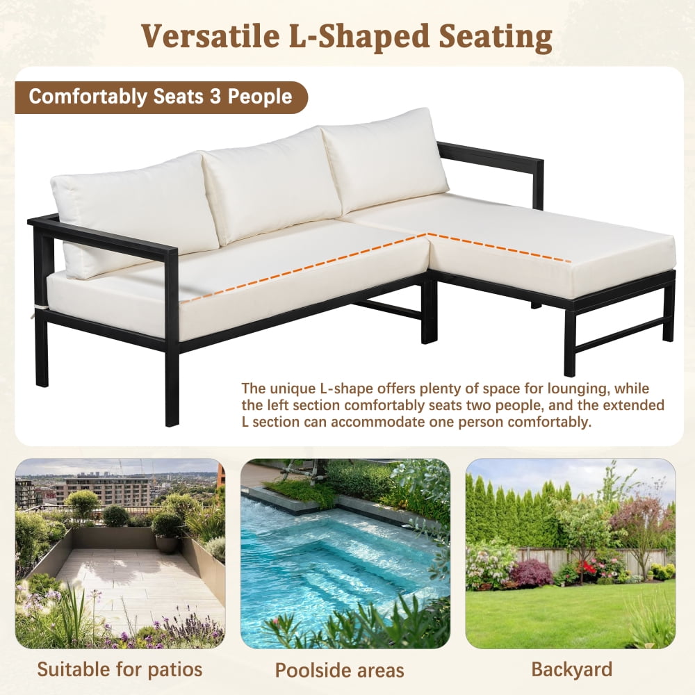 Cozynest L-Shaped Outdoor Patio Sofa Set, Weather-Resistant Iron Frame Sectional Couch with 5.9 in Thick Cushions (Beige, 3-Seat) 67d8m