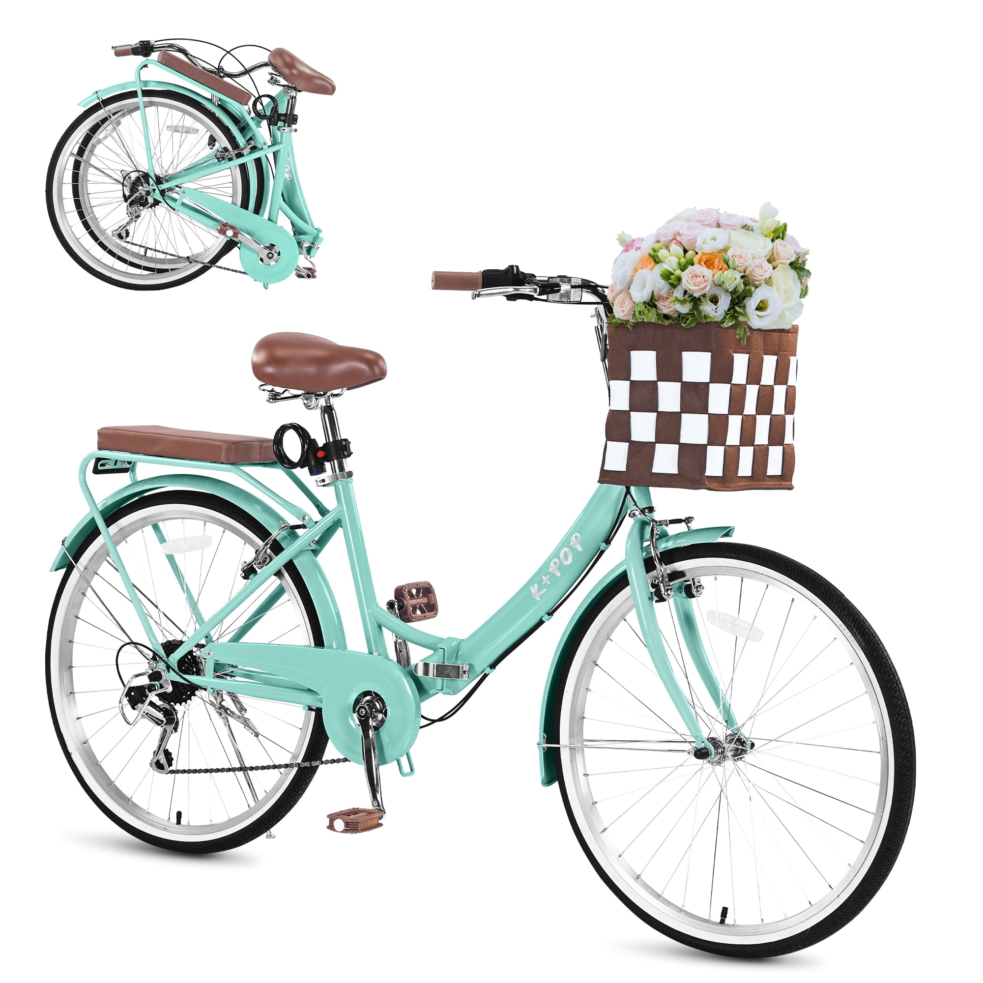Bstjewey 24 in Folding Beach Cruiser Bike, 7 Speed Commuter Bicycle with Basket and Rear Rack (Green, 24 in) 8ajij