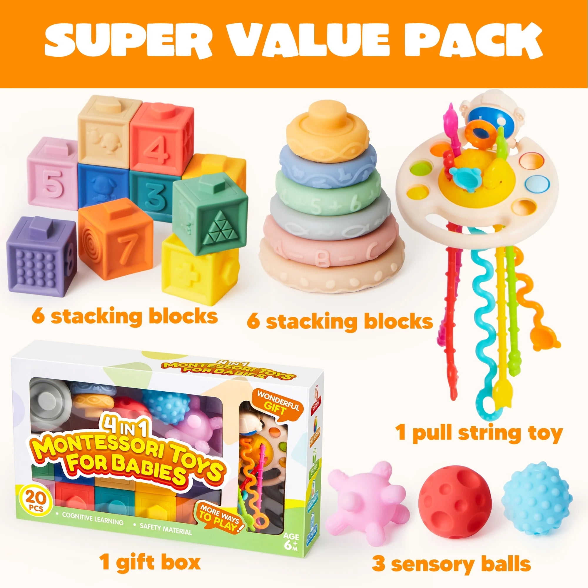 SYNCFUN Montessori Sensory Toy Set for Infants, Educational Stacking Blocks and Teethers (Multi-Color, 20-Piece Set) iz7k6