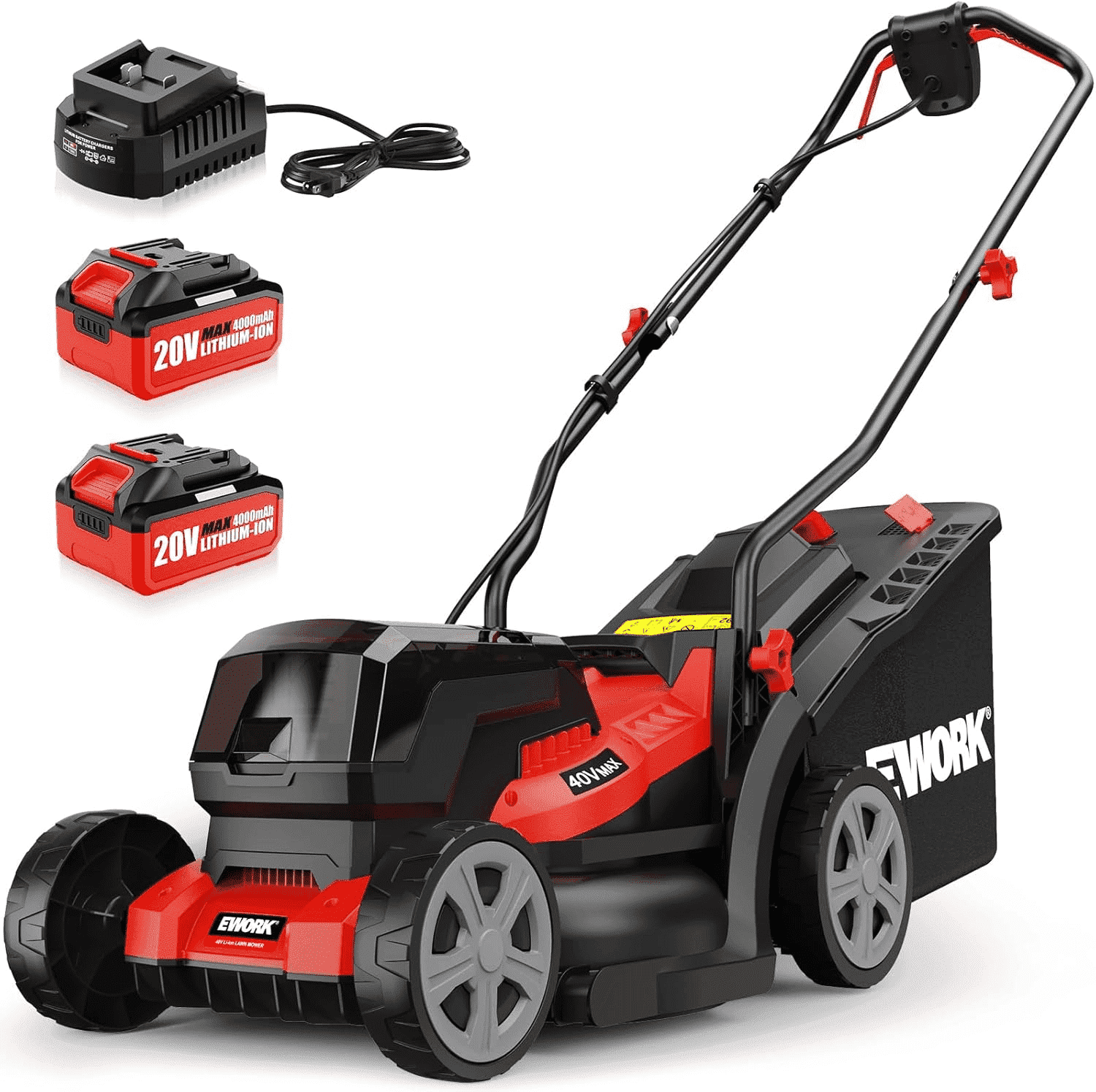 EWORK 40V Cordless Electric Lawn Mower, Lightweight Push Mower with 2 Batteries & Charger (Red, 14 in) r61g7