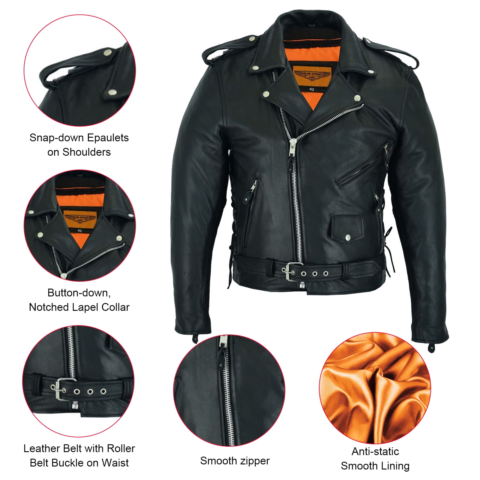 Dream Apparel Men's Genuine Cowhide Leather Motorcycle Jacket (Black, Large) qbwe6