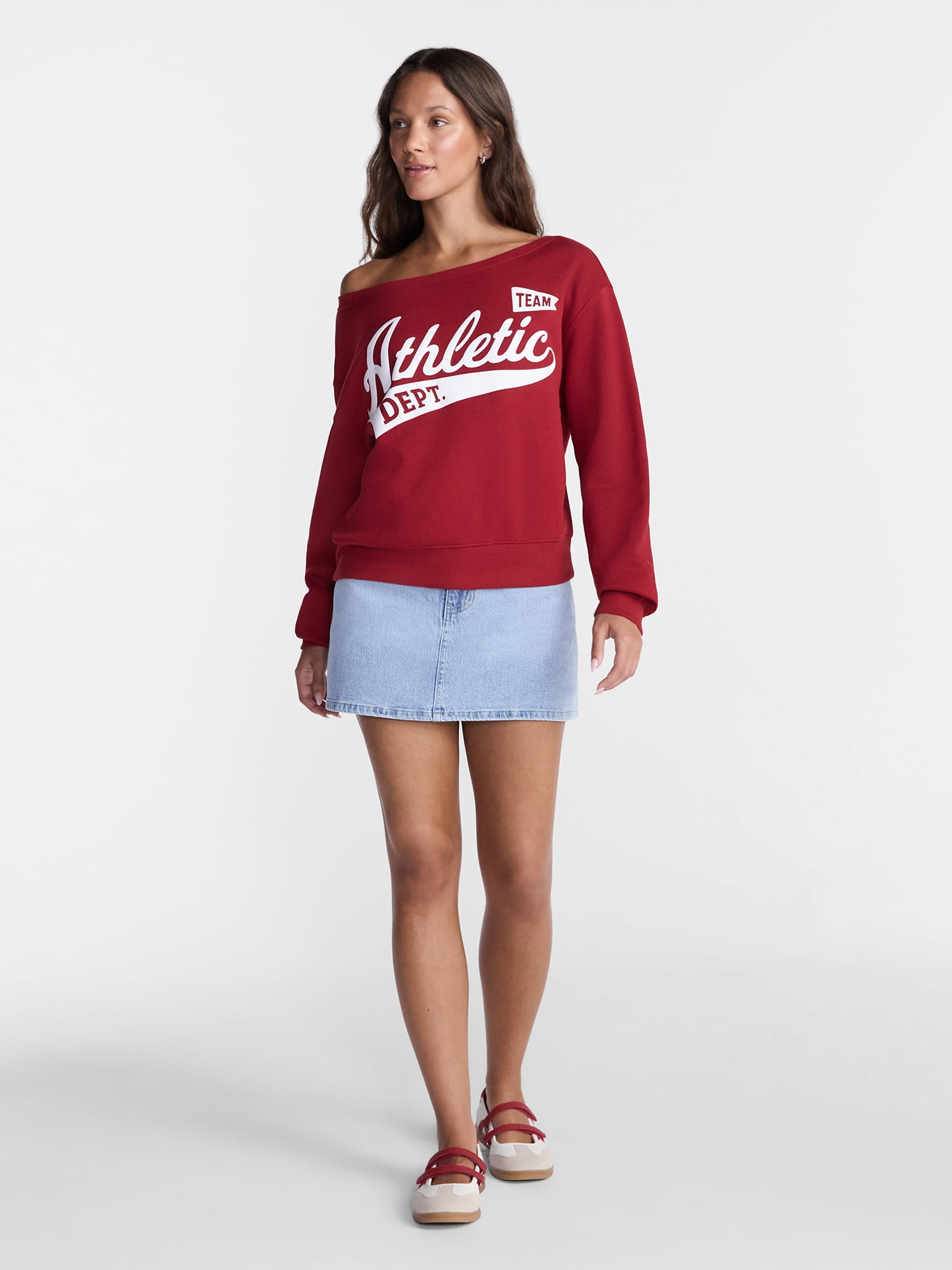 No Boundaries Women's Off-the-Shoulder Long Sleeve Fleece Sweatshirt (Red, S) fgg6r