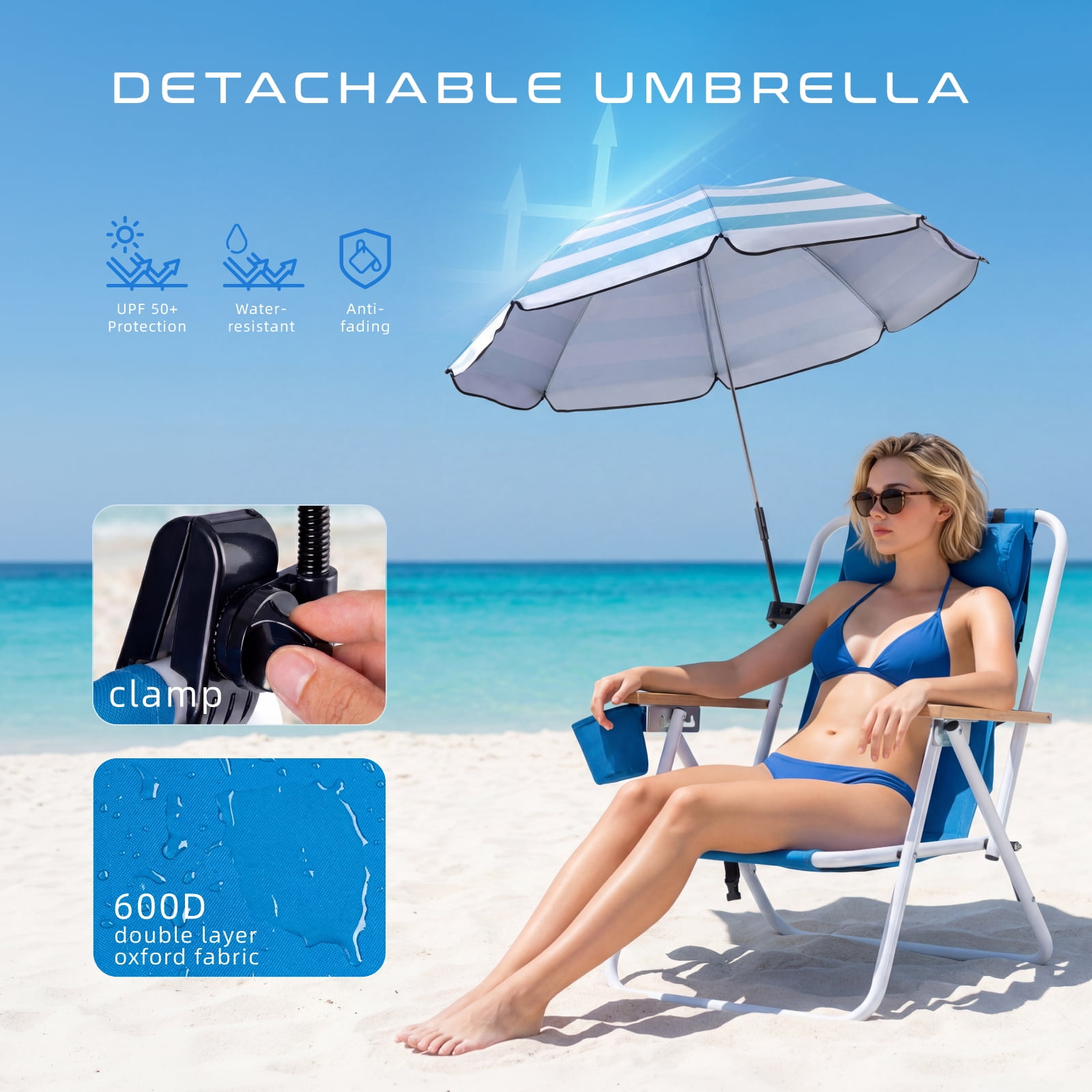 Vebreda Folding Beach Chair with Adjustable Umbrella, Heavy Duty Camping Seat (Blue, 32.3 in x 23 in x 27.6 in) w03in