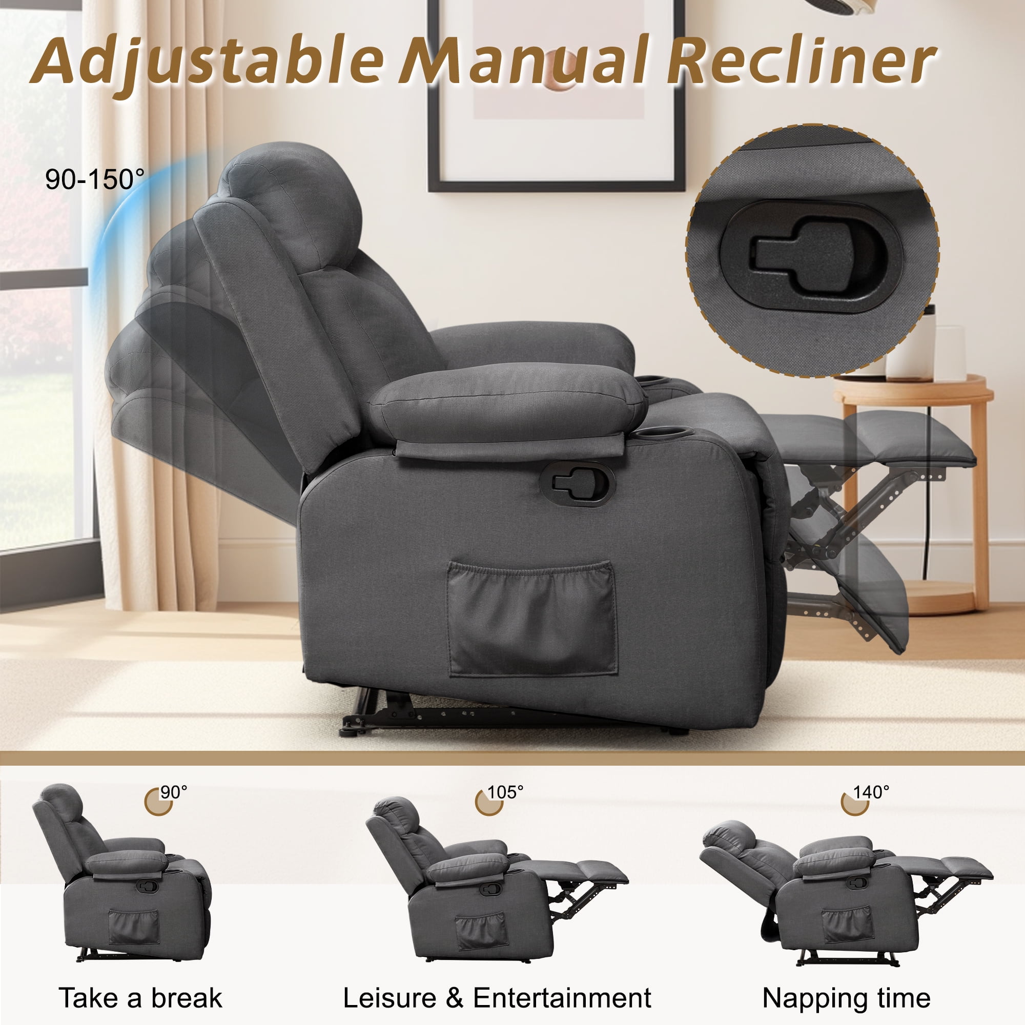 KORSER Manual Recliner Chair for Small Spaces, Breathable Linen Fabric with Cup Holders (Dark Grey, 35.4 in D x 31.1 in W x 35.8 in H) u5p7p