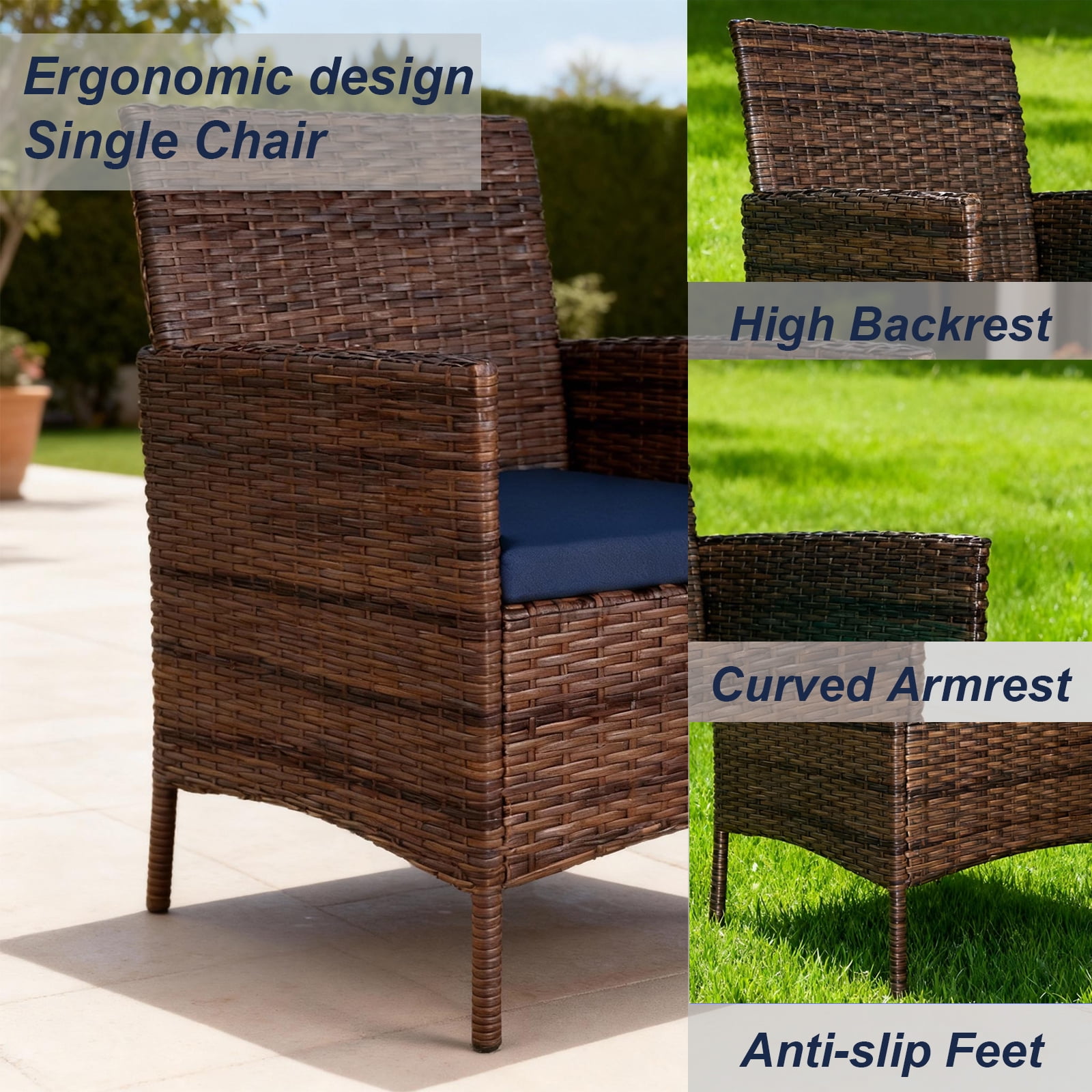 HOYOA 4-Piece Patio Rattan Conversation Furniture Set with Cushions (Brown/Blue, 4-Piece Set) 7gy97
