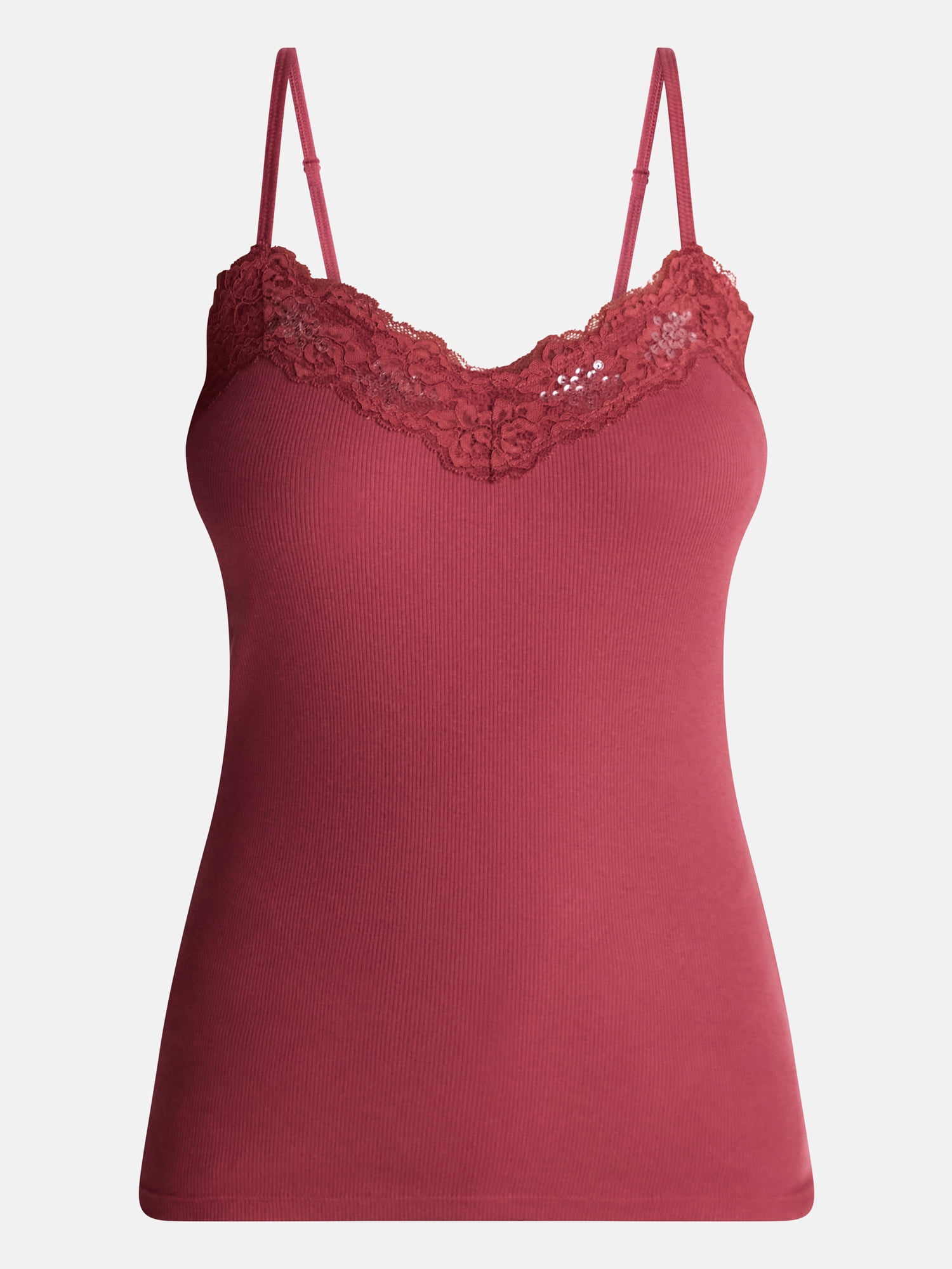 No Boundaries Sequin Lace Trim Cami Top (Red, XXS) x71r3