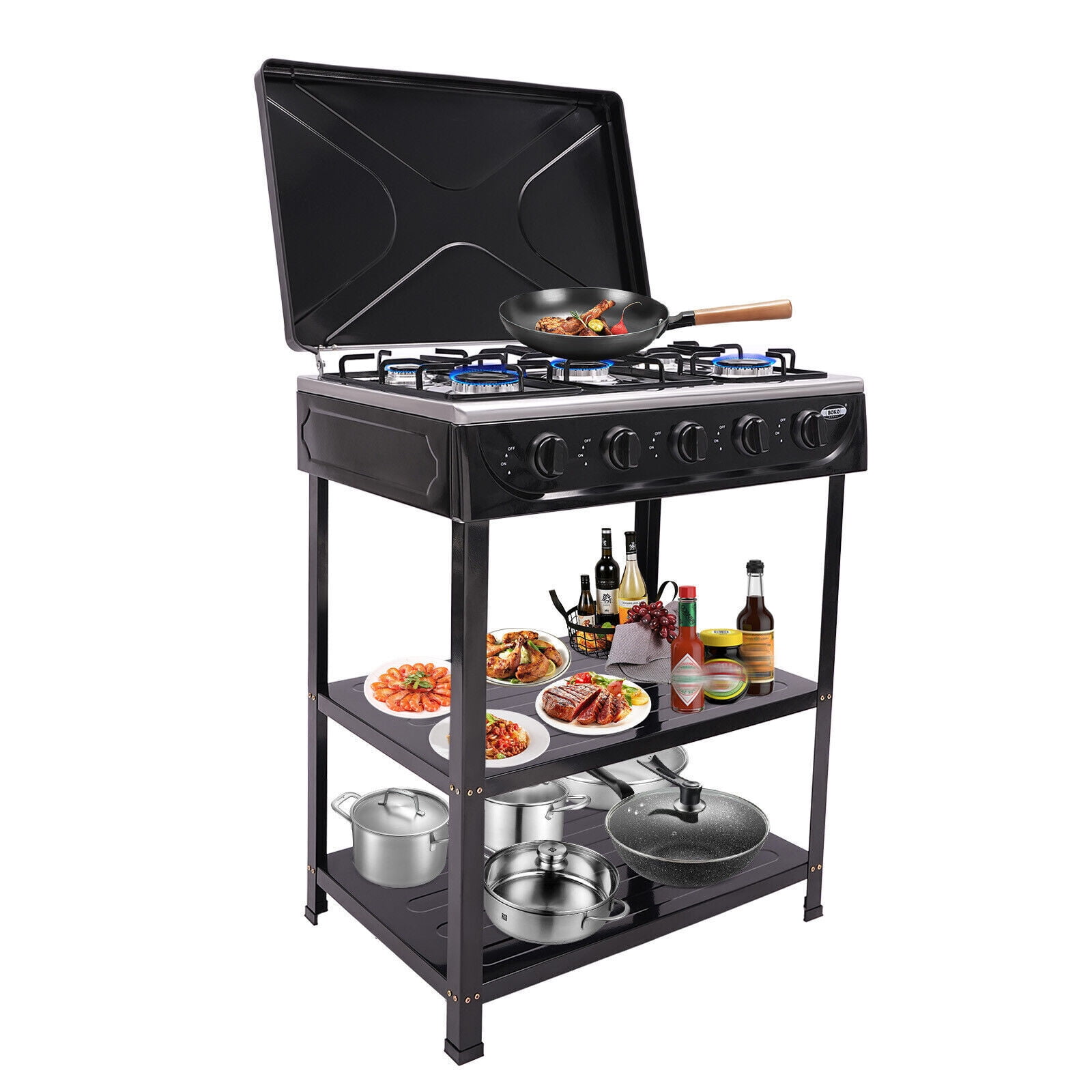 Generic 5-Burner Gas Stove Outdoor Camping BBQ Grill with 2-Tier Storage Rack (Black) g36xu
