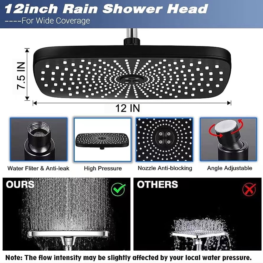 IUSU 12 in Rainfall Shower Head Combo, High Pressure Handheld Showerhead with Adjustable Extension Arm (Black, 12 in) 2wisl