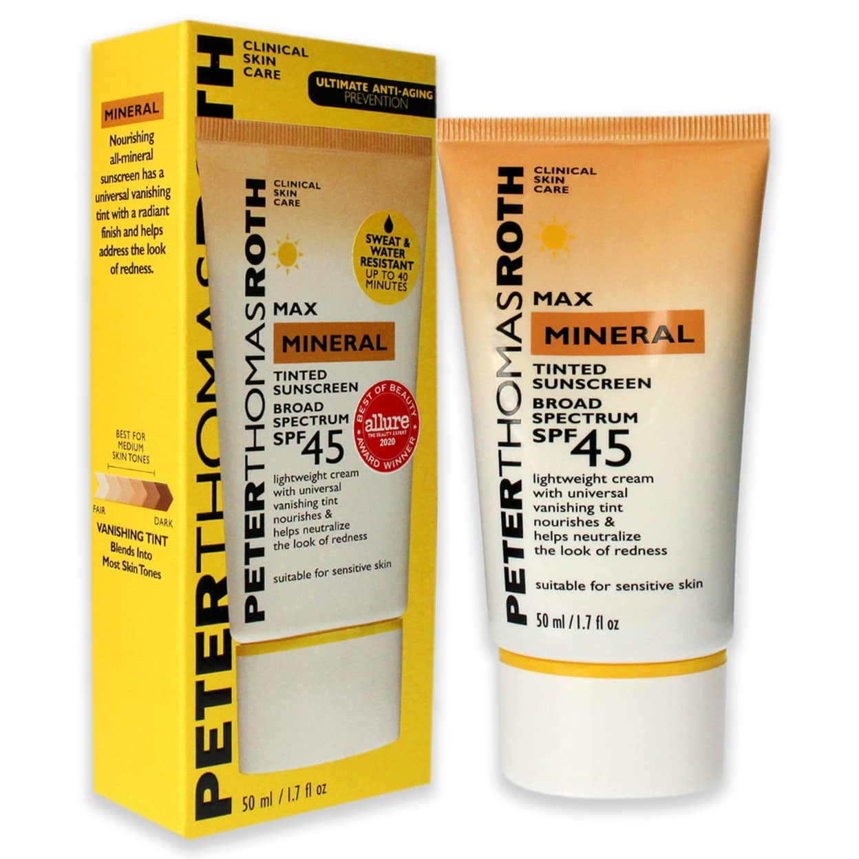 Peter Thomas Roth Max Mineral Tinted Sunscreen Broad Spectrum SPF 45, Water-Resistant Moisturizer for Sensitive Skin (1.7 fl oz) 621o1