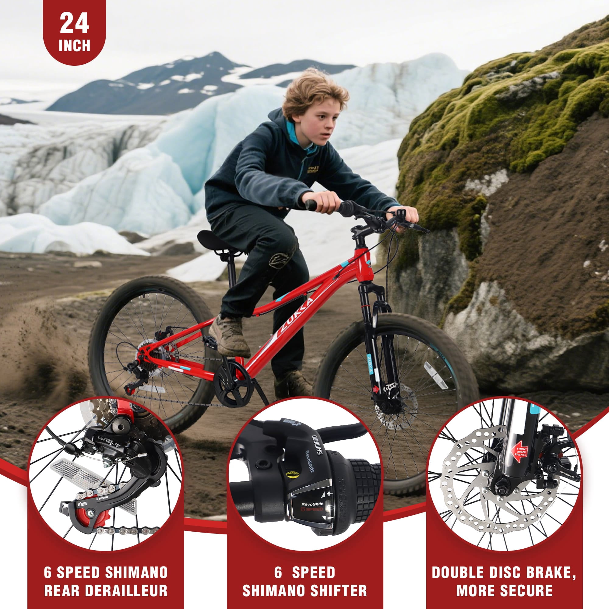 TBSCWYF 24 Inch Mountain Bike for Kids, 6-Speed Steel Frame with Dual Disc Brakes and Suspension Fork (Red, 24 in) 0w1lp