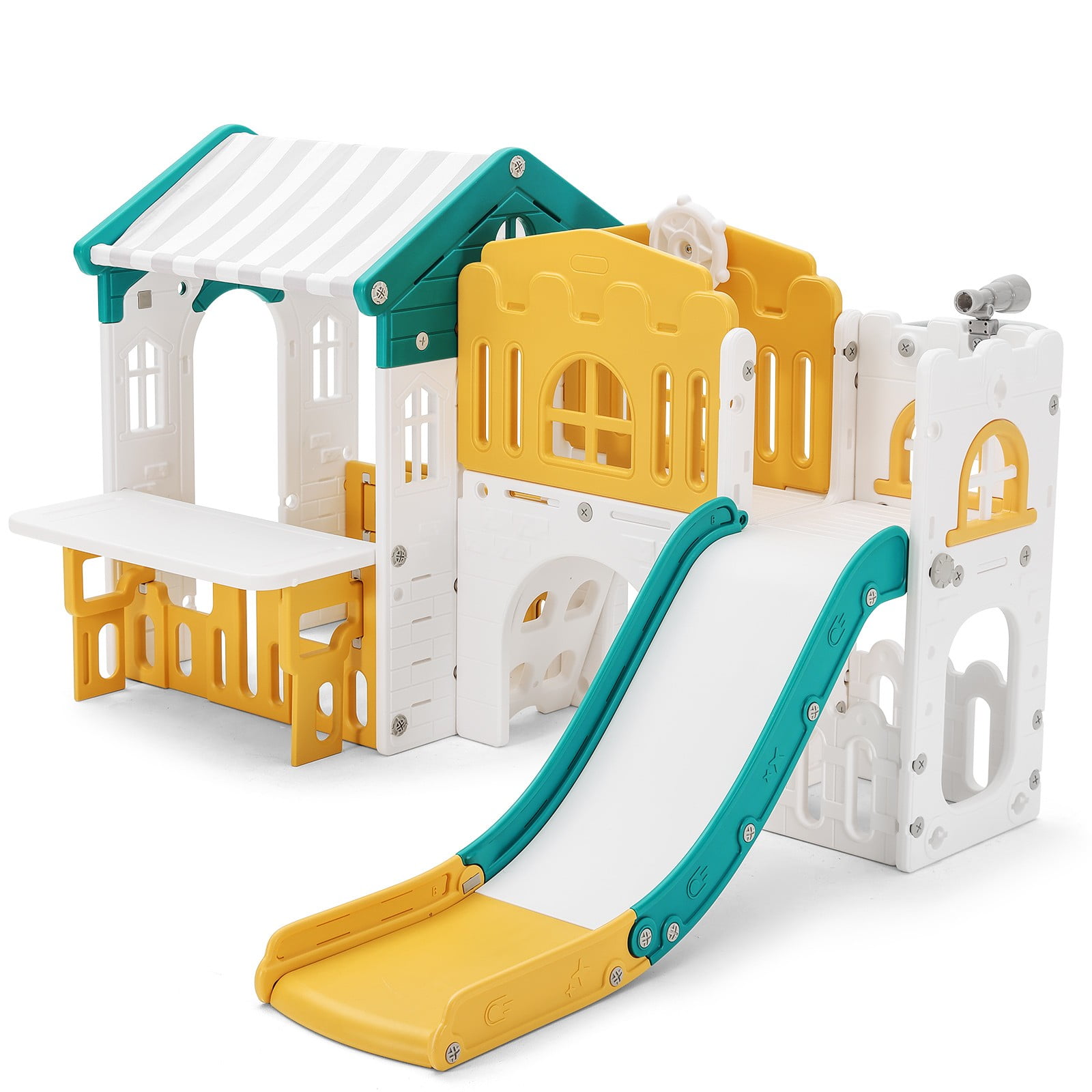 Joyldias 9-in-1 Toddler Slide and Playhouse Playset with Basketball Hoop and Climbing Ladder (Green, Yellow, White) k0fc2