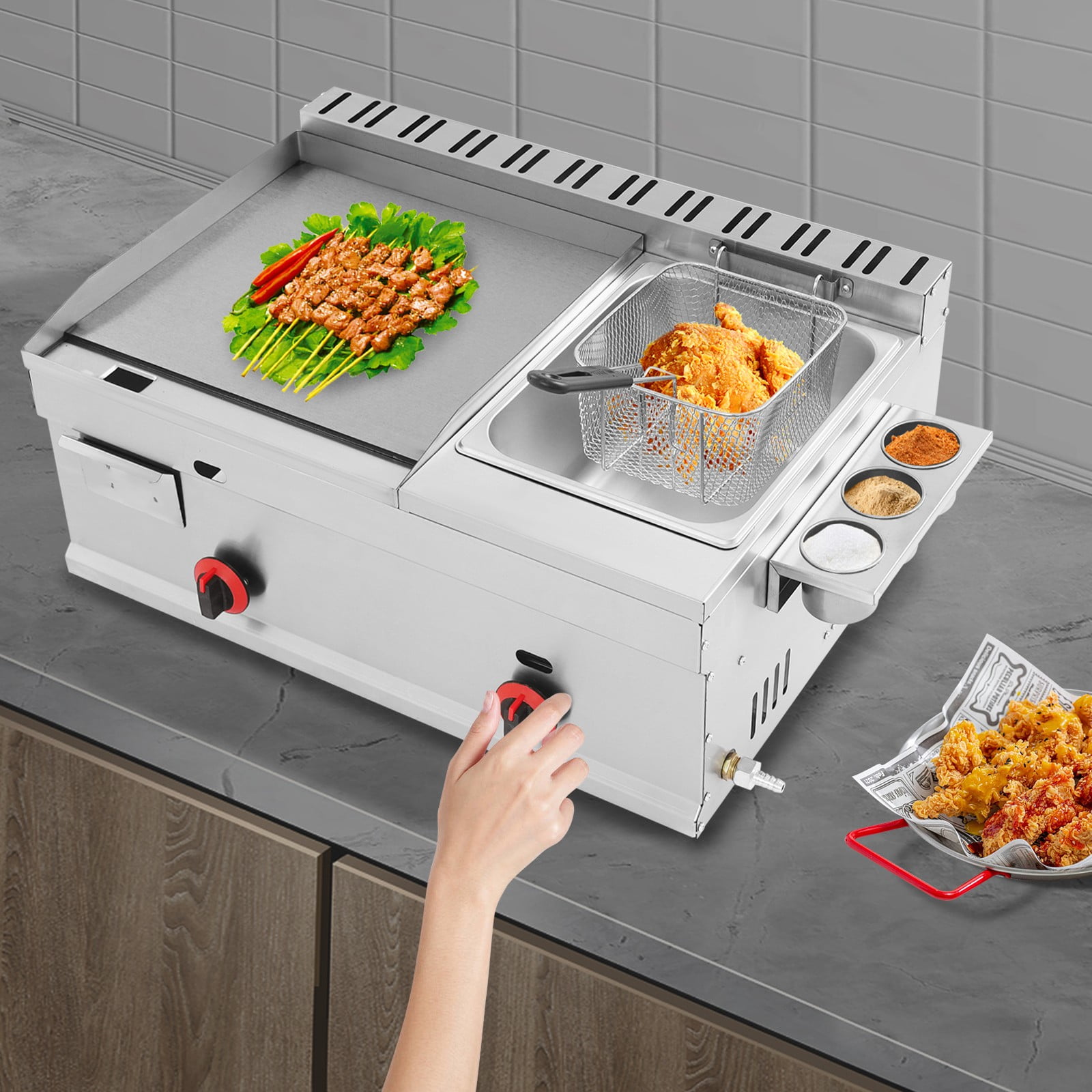 Generic Commercial Gas Propane Flat Top Grill Griddle with Deep Fryer (Silver, 1.59 gal Oil Capacity) 2m6r3