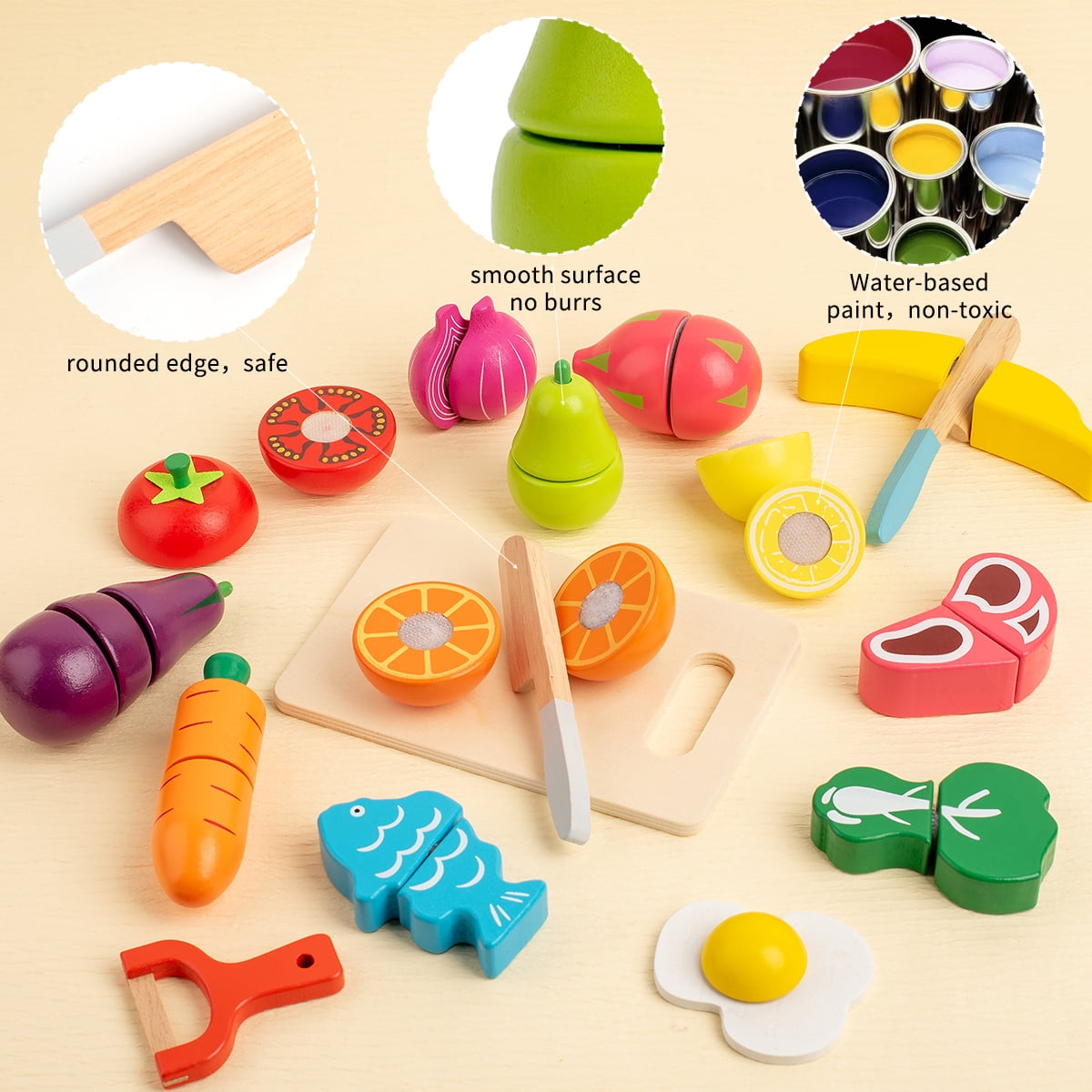 BUSY EDITION Wooden Play Food Set Pretend Kitchen Cutting Toys (32 Pieces) i4gkb