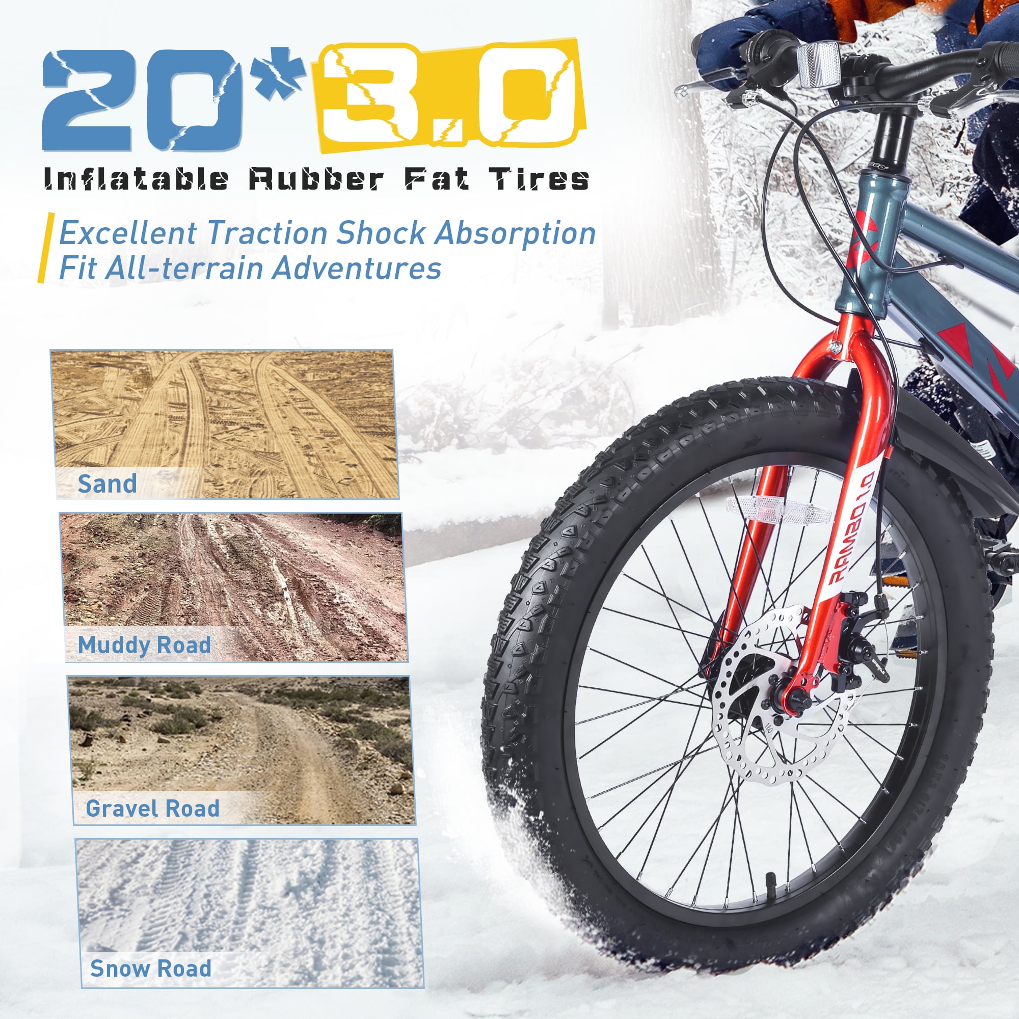 Ambifirner Fat Tire Mountain Bike, 21-Speed All-Terrain Bicycle with High Carbon Steel Frame (Grey, 20 in) robd2