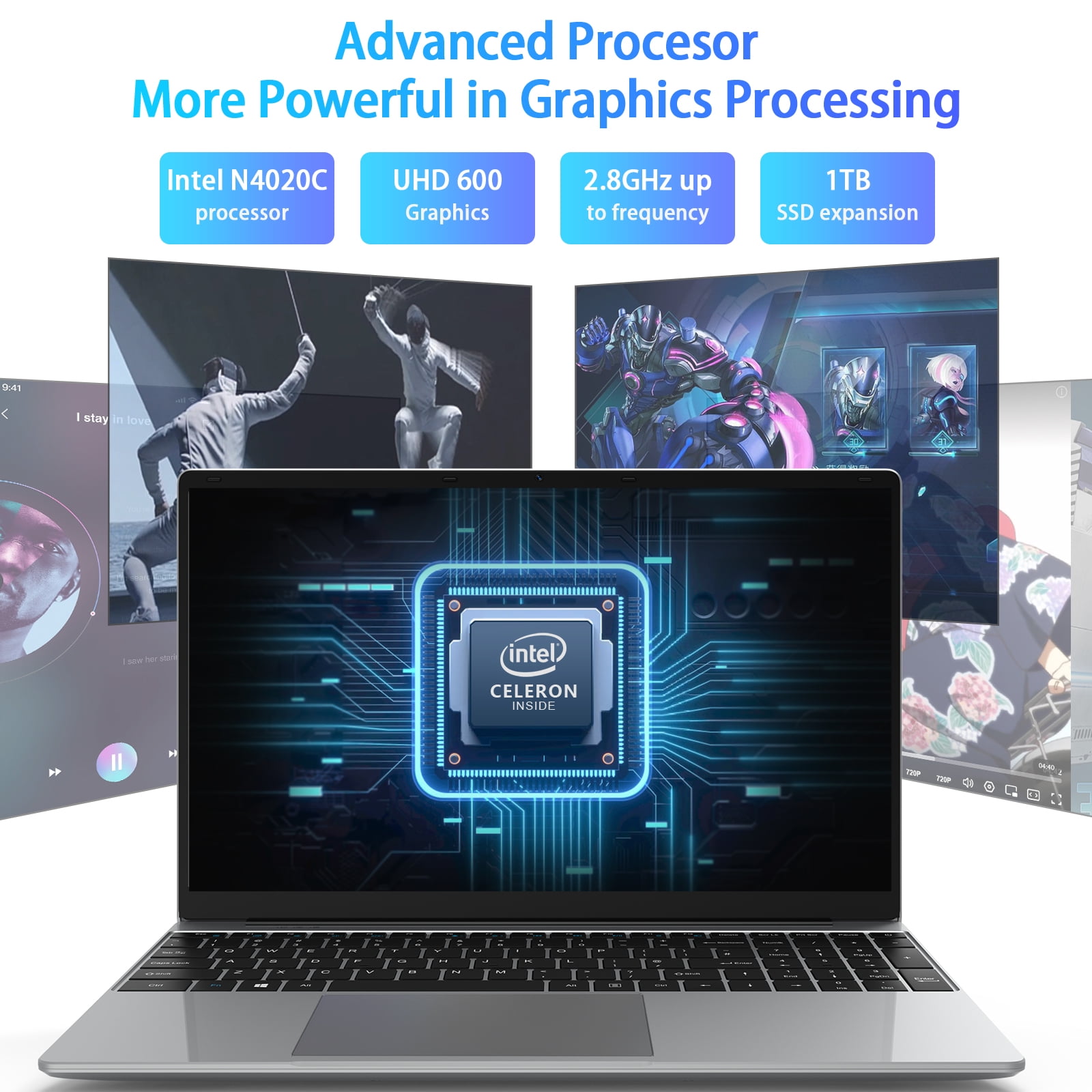 TEMLICOLO 15.6 in Laptop Windows 11 Pro Intel Celeron 8GB RAM 256GB SSD Full HD IPS Display (Silver, 15.6 in) 97p24