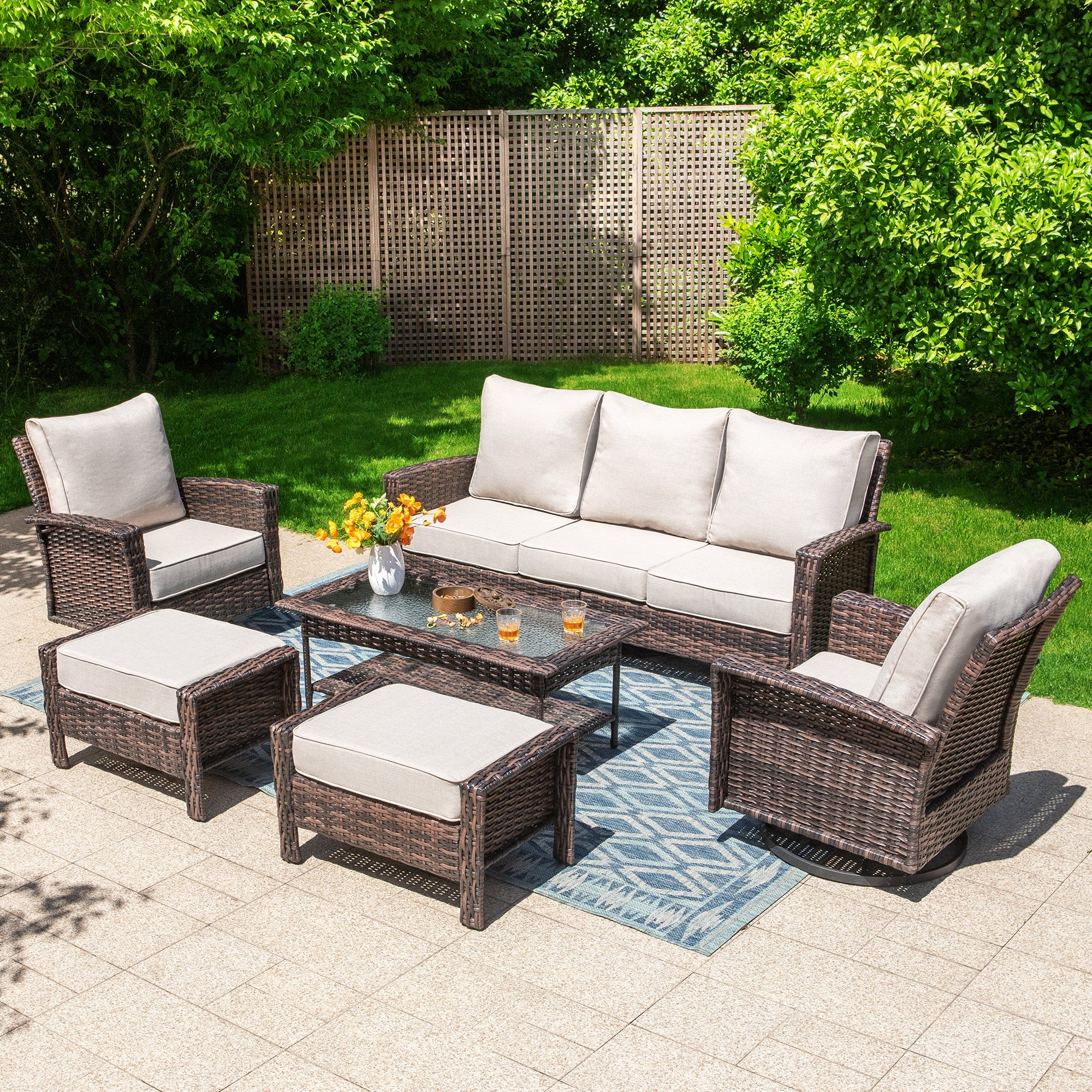 MF Studio 2-Piece Outdoor Swivel Patio Club Chairs with Cushions and High Backrests (Beige, 35 in) jvzjw