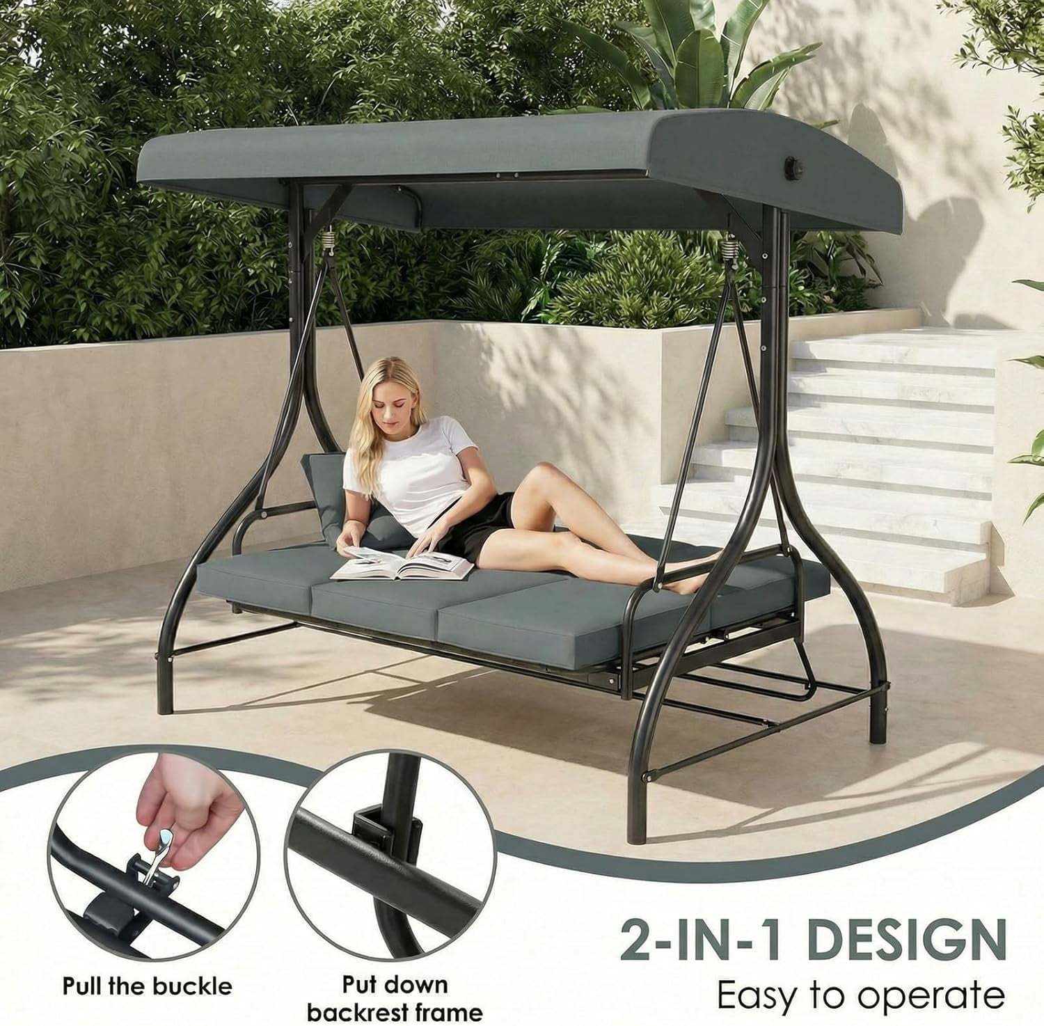 Arlopu 3-Seat Porch Swing, Outdoor Patio Swing Chair with Adjustable Canopy and Removable Cushions (Gray, 57 in) x1s5b