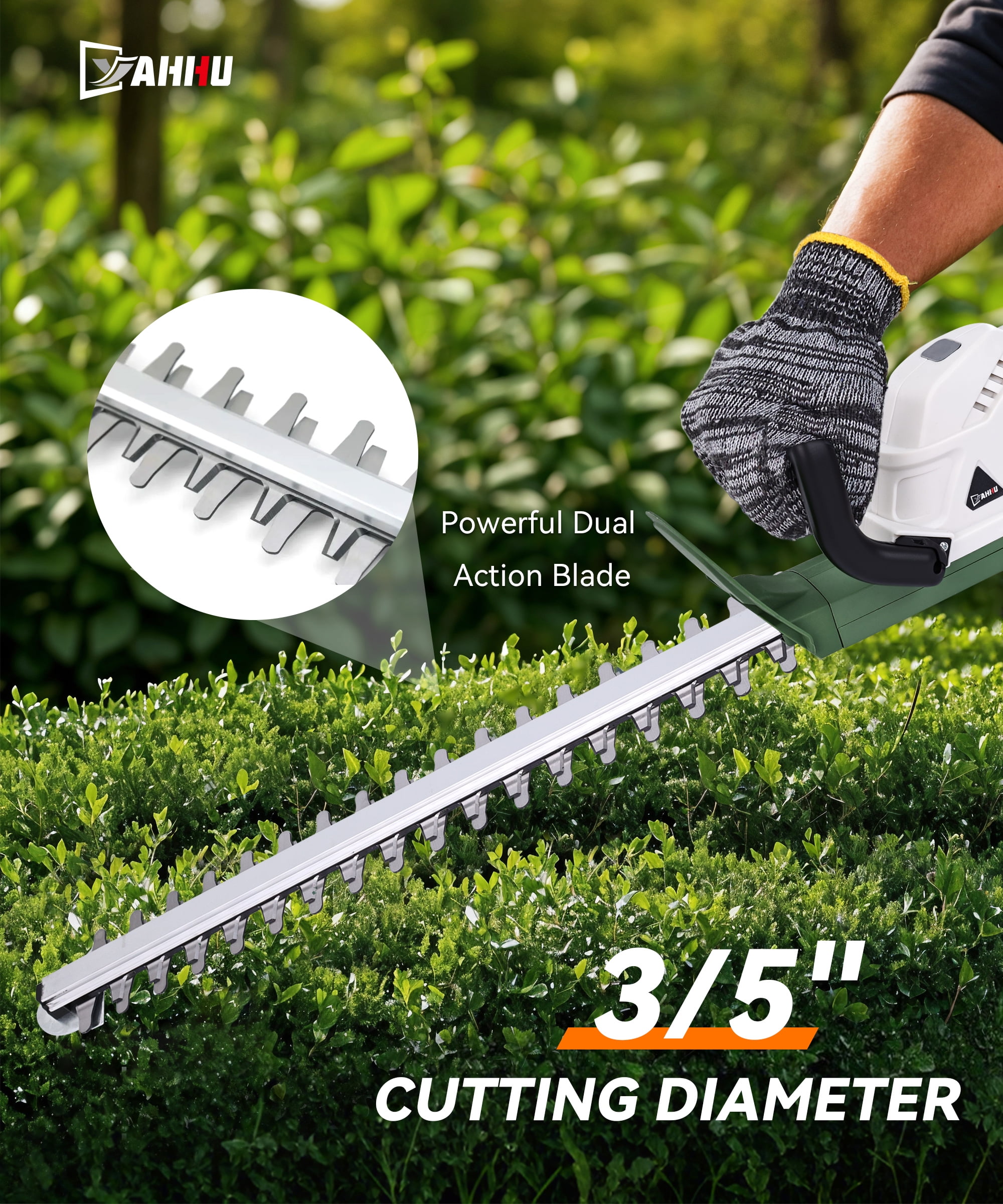 YAHHU Cordless Electric Hedge Trimmer, 20 in Dual-Action Blade, 21V Battery & Charger Included lvtuh