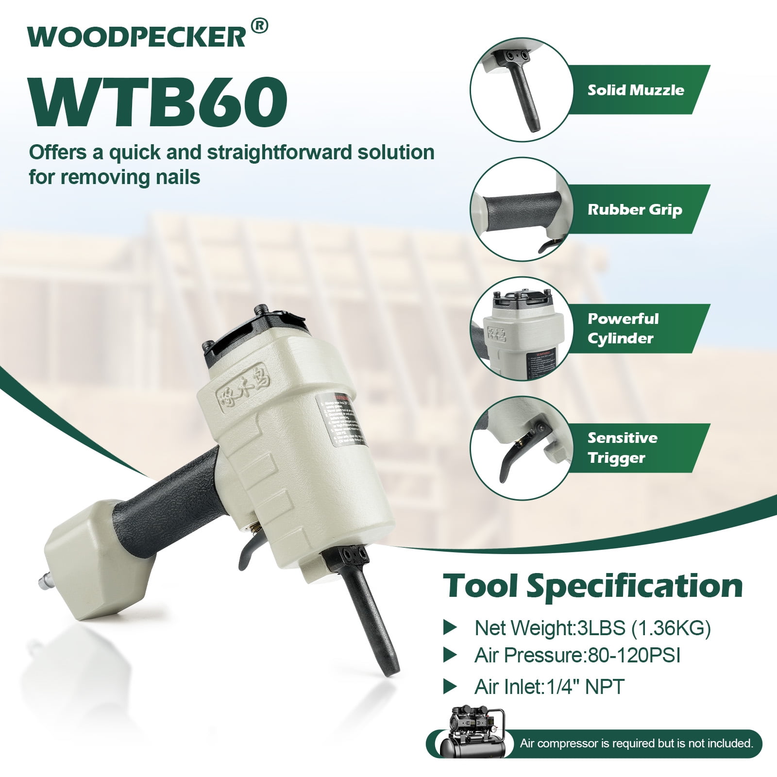 KAMSIN WTB60 Pneumatic Nail Remover Gun, Heavy Duty Air Nail Puller for Wood Recycling (0.197 in) jt89f