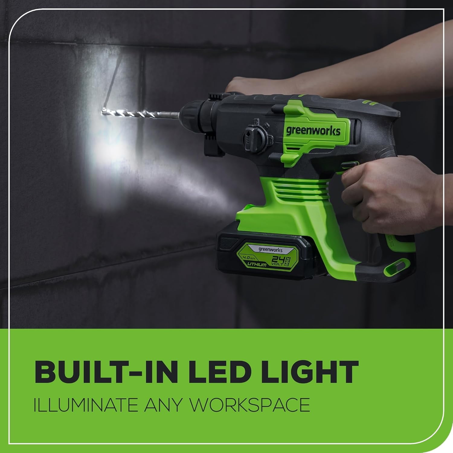 Greenworks 24V Cordless Rotary Hammer Drill, Brushless Motor, 4-Mode SDS Plus, LED Light (Black, 4Ah Battery & Charger Kit) p6umj