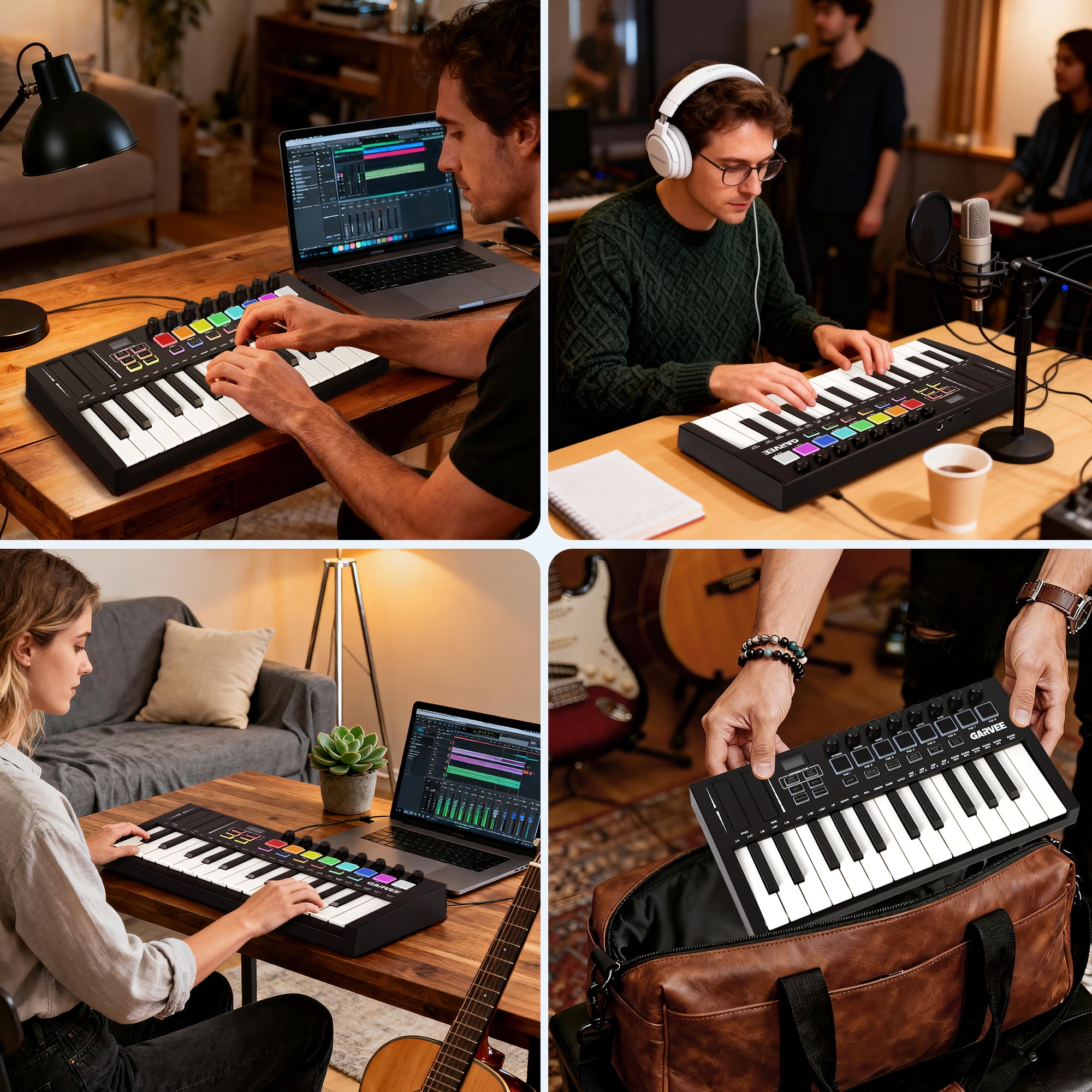 Peparins 25-Key MIDI Keyboard Controller, Compact USB DAW Integrated Music Production Keyboard with 8 Drum Pads and OLED Display (Black, 25-Key) 9pea8