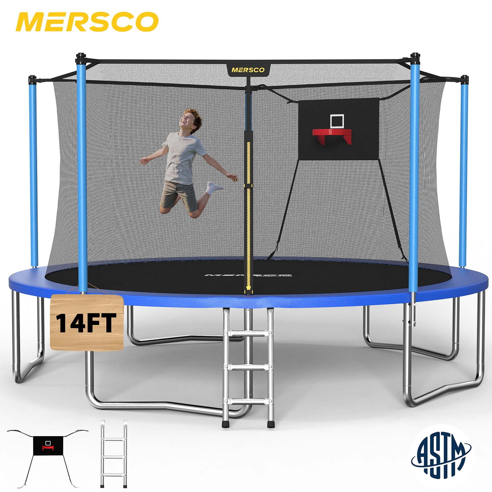Mersco 14ft Outdoor Backyard Trampoline with Basketball Hoop, Enclosure Net, and Ladder (Blue, 14 ft) r6mvk