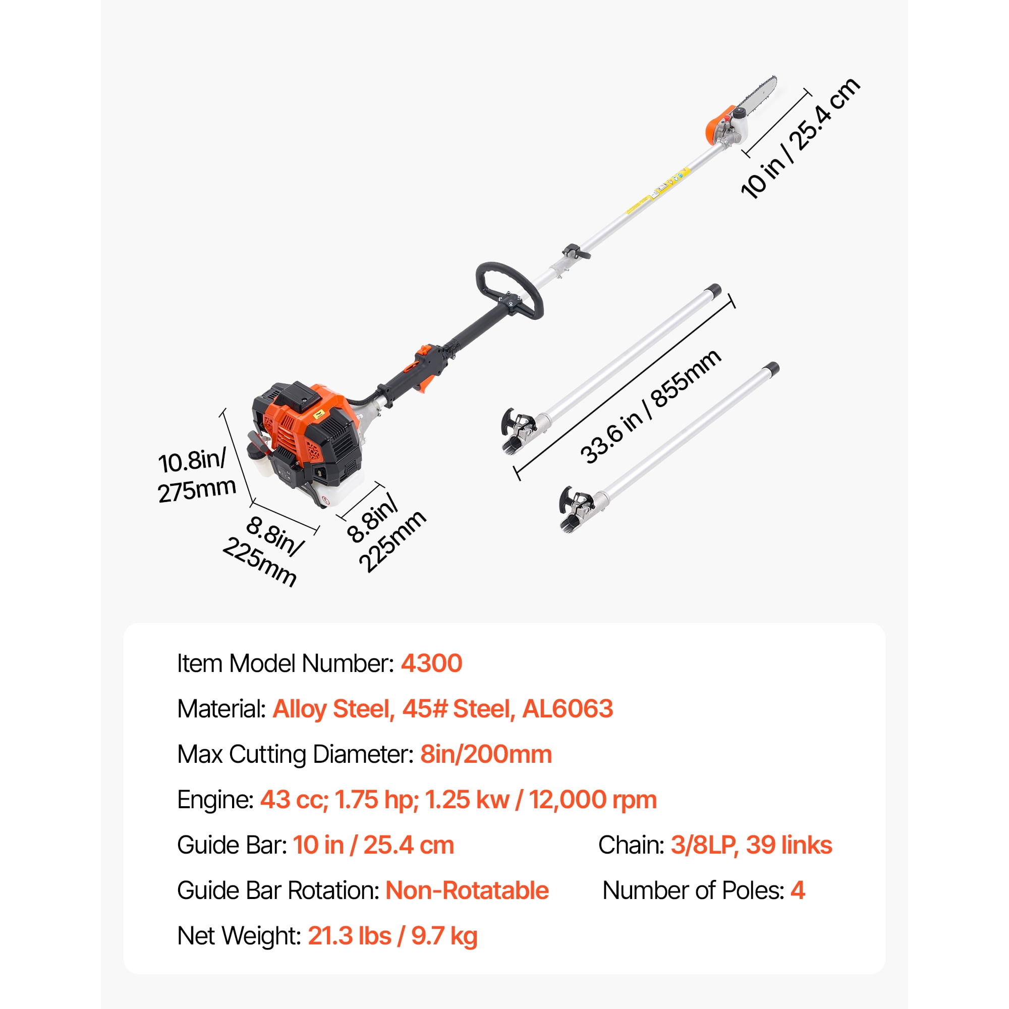 KFFKFF Gas-Powered Pole Saw, 43CC 2-Stroke Engine, 12-Inch Bar, Adjustable Head, Extendable Reach (Black, 7.1-12 ft) i6tq8