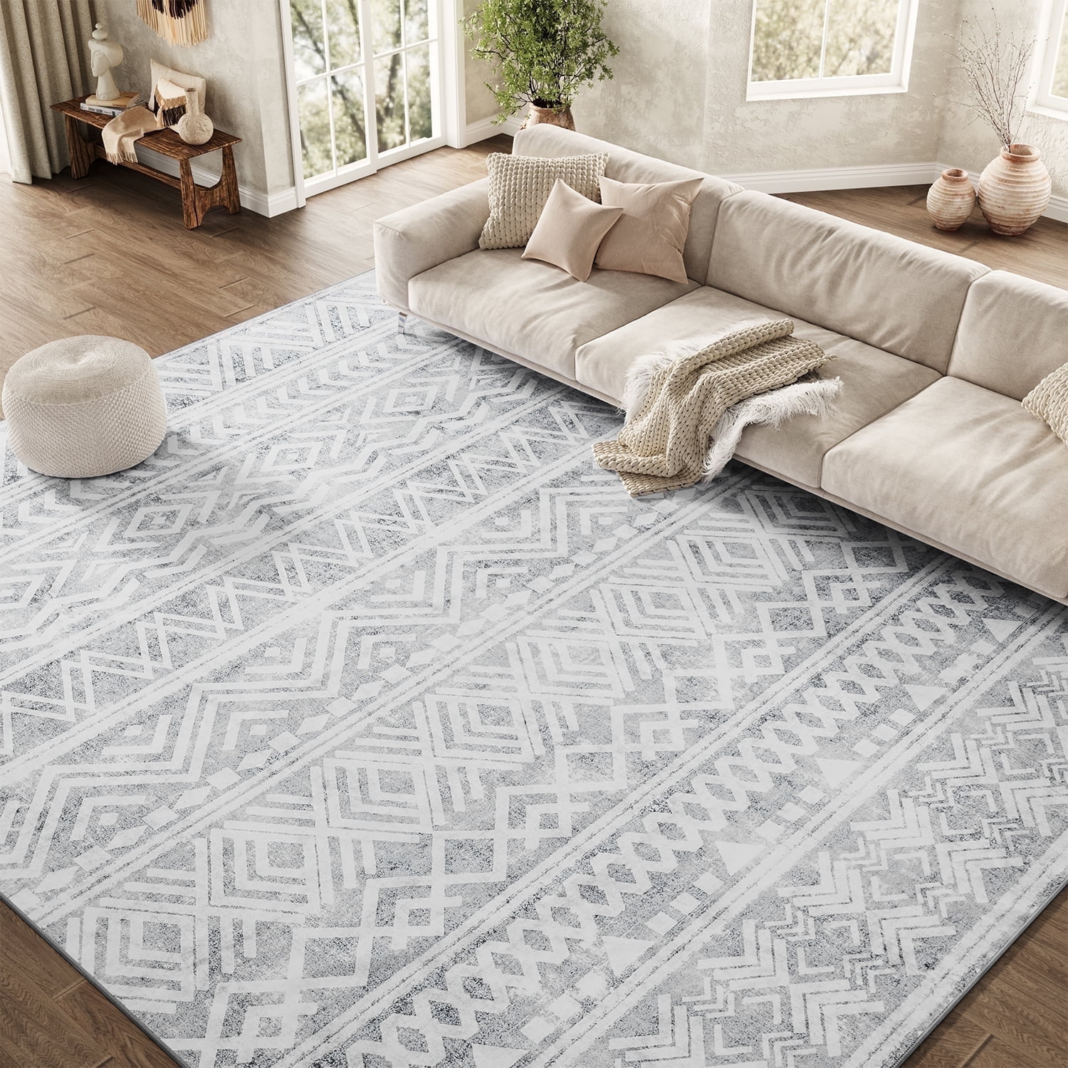 SIXHOME Modern Geometric Area Rug, Washable Boho Living Room Carpet (Gray, 5 ft x 7 ft) 46hf0