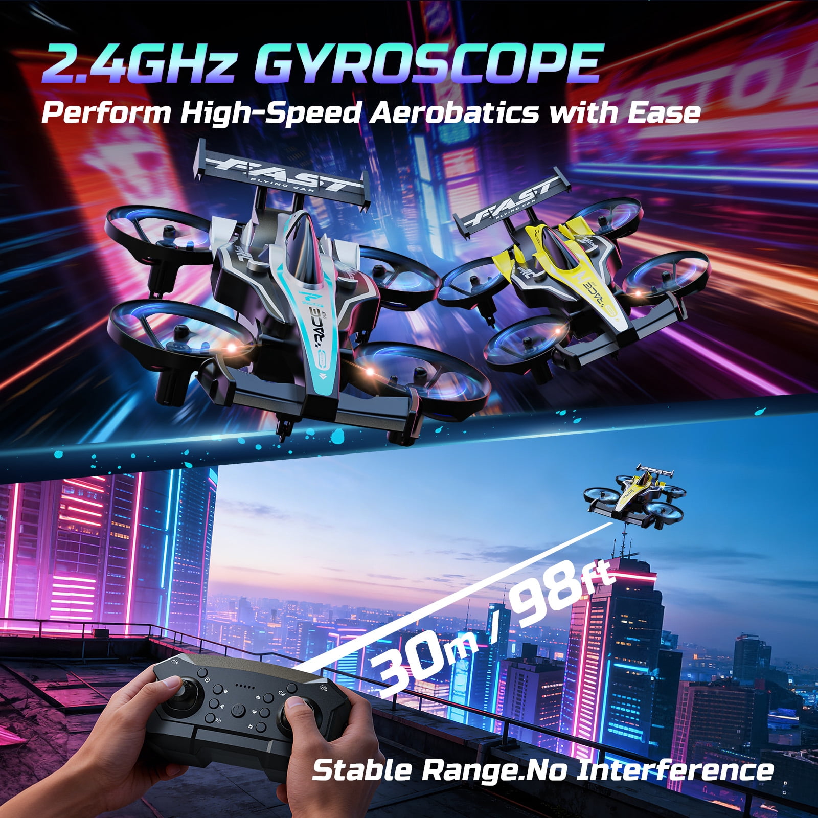 WEFONE ZF24 2-in-1 RC Drone and Stunt Car, Remote Control Vehicle with 3-Speed Mode and 360° Flips (Yellow, 2-Pack Battery) 5rlud
