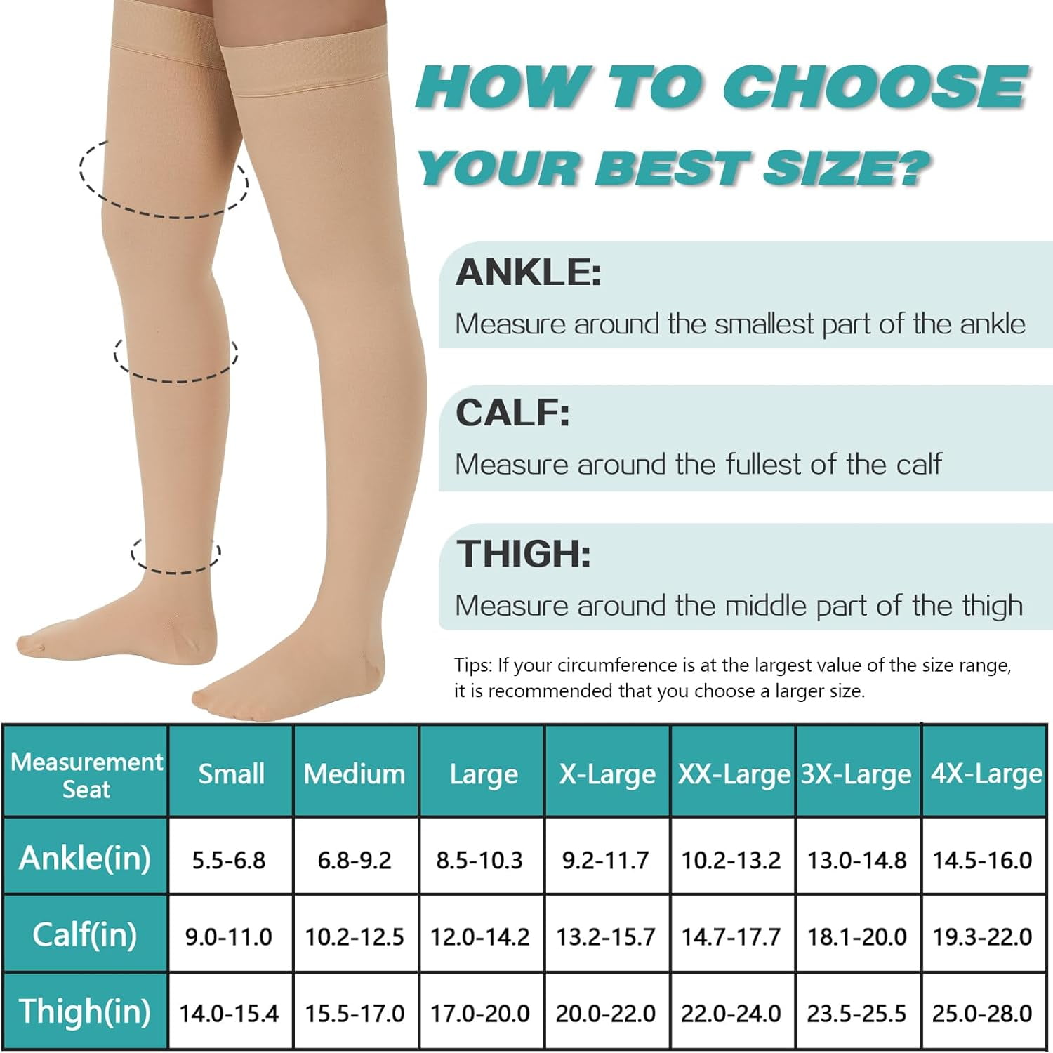 Wukang Thigh High Compression Stockings 20-30 mmHg Closed Toe Support Socks (Beige and Black, 2 Pair Pack) tc00x