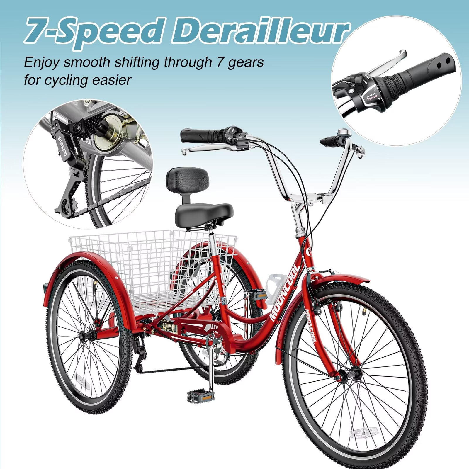 MOPHOTO 7-Speed Adult Tricycle, Low-Step Through Frame 3-Wheel Bike with Large Cargo Basket (Red, 26 in) f31w2