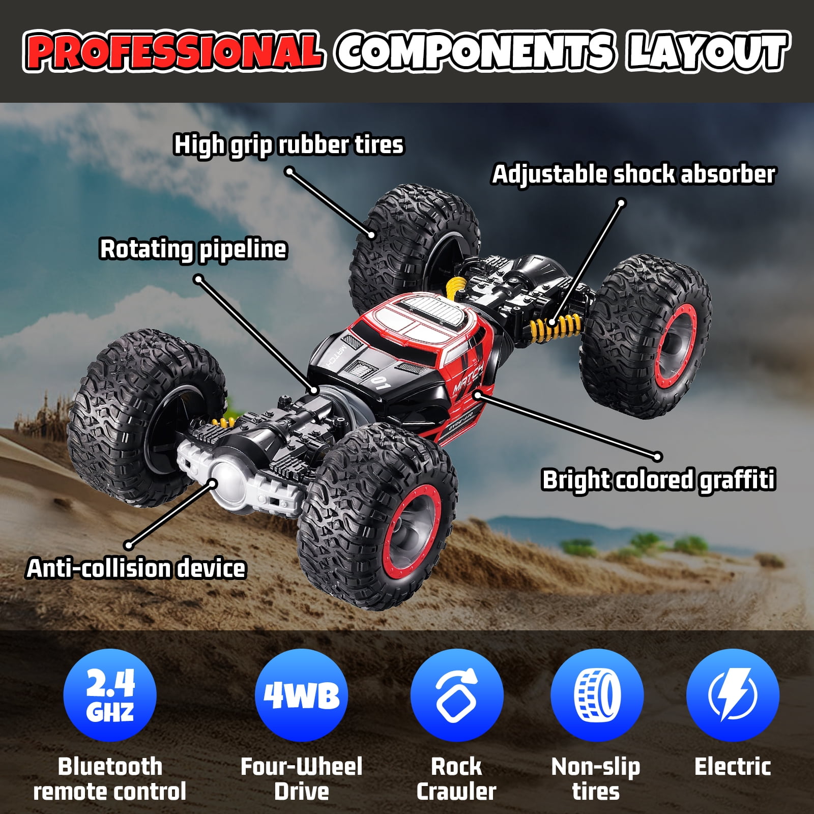 FLOOYES RC Stunt Car 4WD Remote Control Vehicle with LED Lights and Double-Sided Driving (Blue, 1 Pack) l6645