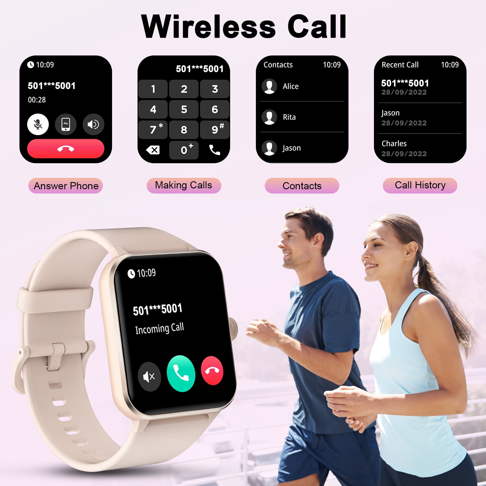 IOWODO Smart Watch with Bluetooth Calling and AI Voice Assistant, 1.85 in HD Touch Screen, IP68 Waterproof Fitness Tracker (Pink, 5.9-9.2 in) v41co