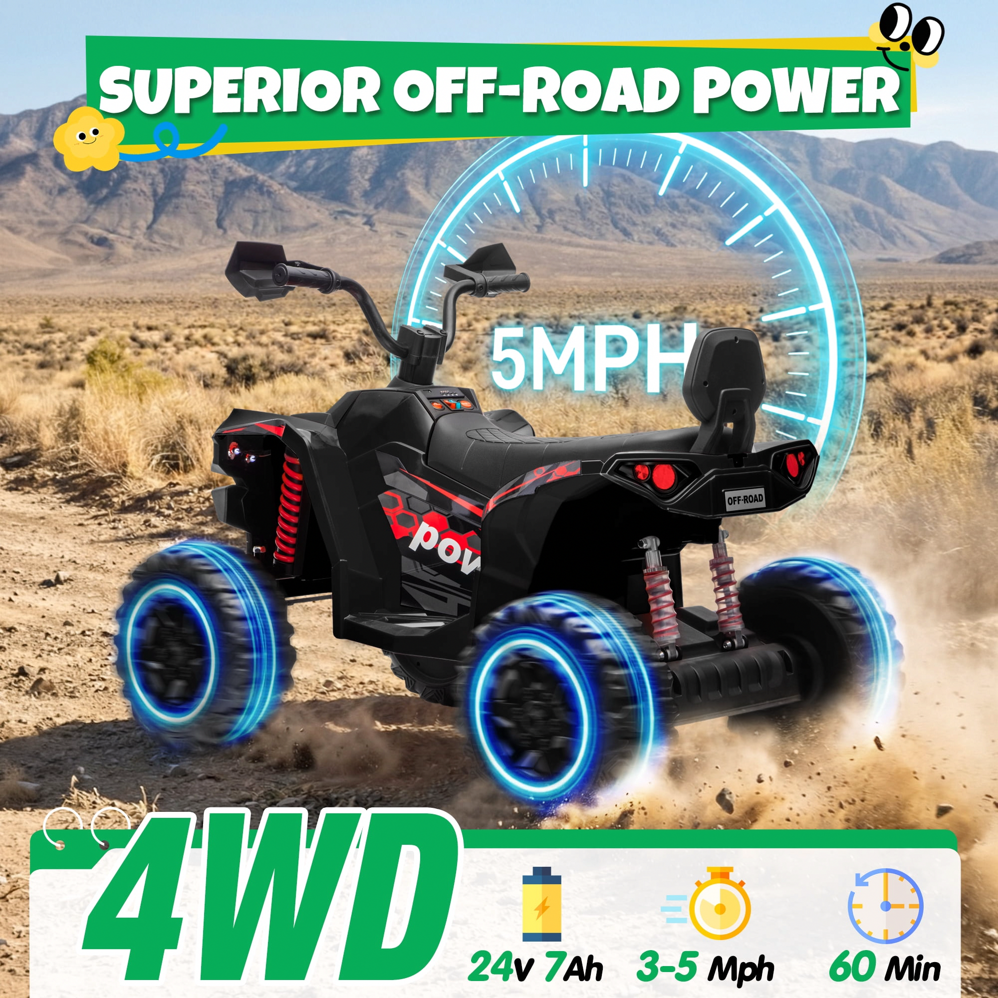 JOYRACER 24V Electric Ride On ATV for Kids, 4WD Quad with LED Lights and Bluetooth (Black, 110 lb Capacity) ae1ad