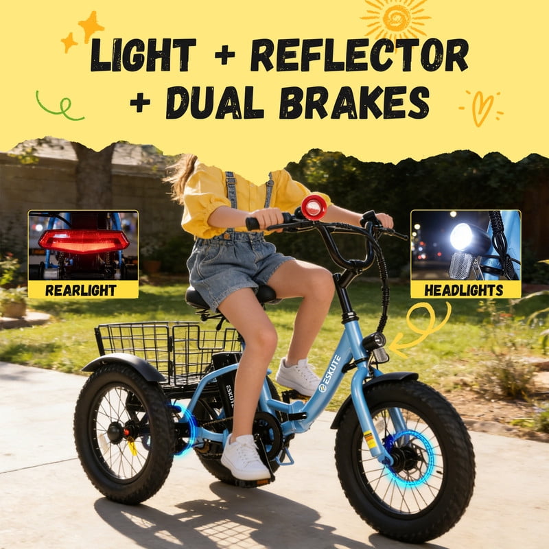 Elecby T300mini Electric Tricycle, 16 in Fat Tire Folding 3-Wheel E-Bike with 500W Motor (Blue) m1q5x